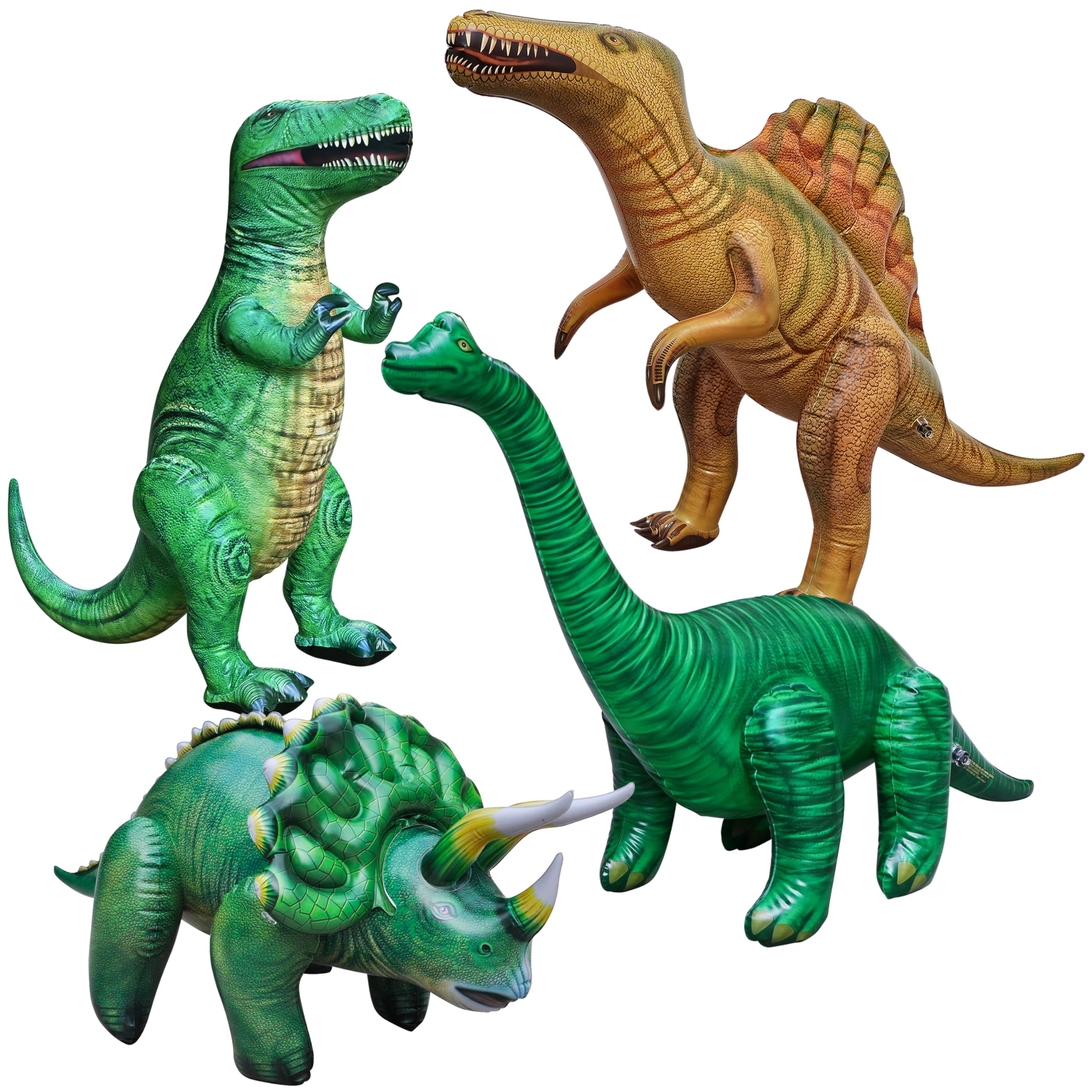 Jet Creations4-pk Inflatable Dinosaurs Combo, T-rex Brachiosaurus, Spinosaurus, Triceratops. Great for Pool, Party Decoration. Size Range Approx. 37 to 53 inch, Multicolor