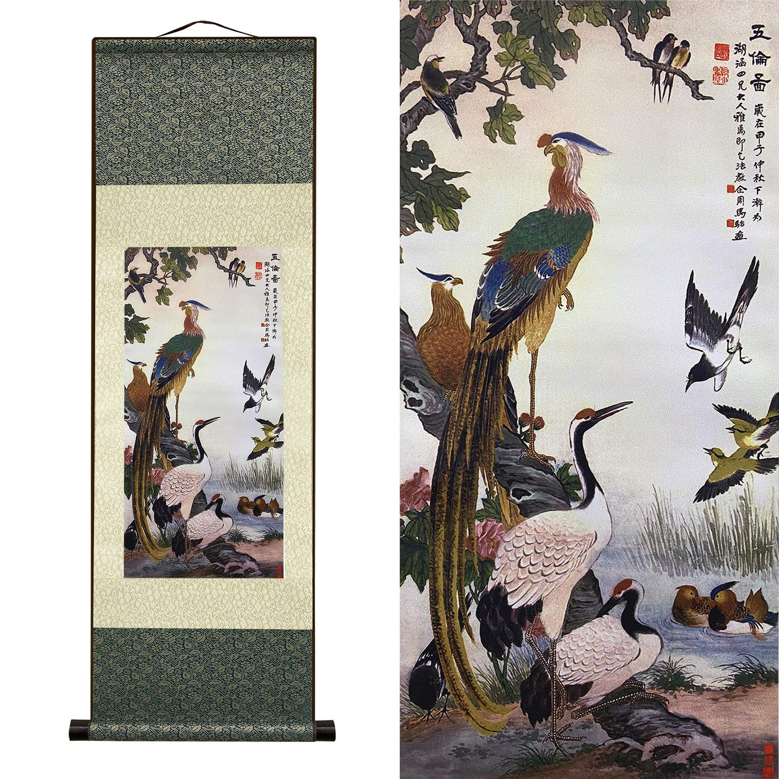 AtfArt Asian Wall Decor Beautiful Silk Scroll Painting Birds - Wulun Diagram Oriental Decor Chinese Art Wall Scroll Wall Hanging Painting Scroll (39 x 12 in)