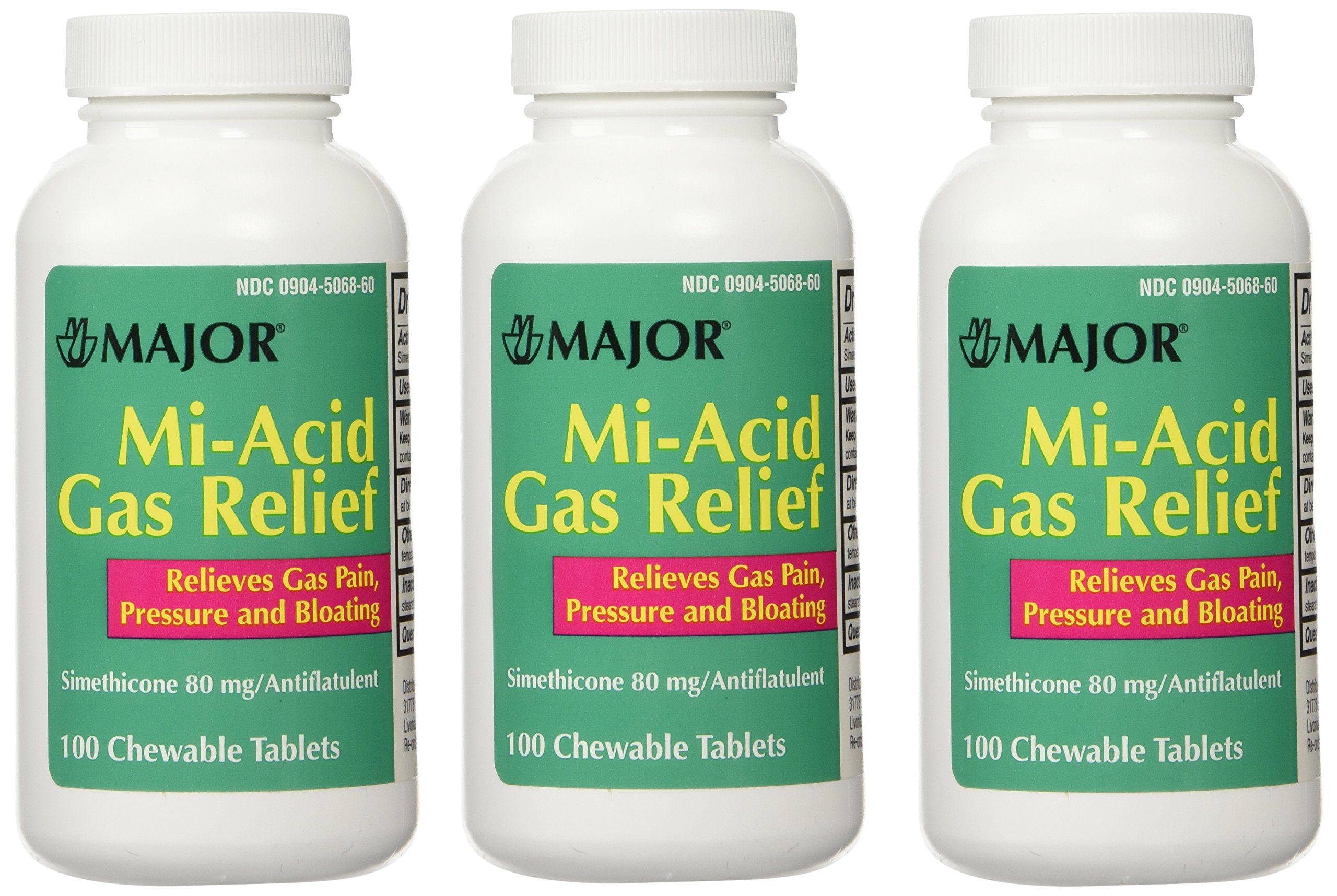 Major Simethicone Gas Relief 80 mg - Anti Flatulence, Bloating and Gas Pressure Aid - 100 Chewable Tablets - Pack of 3