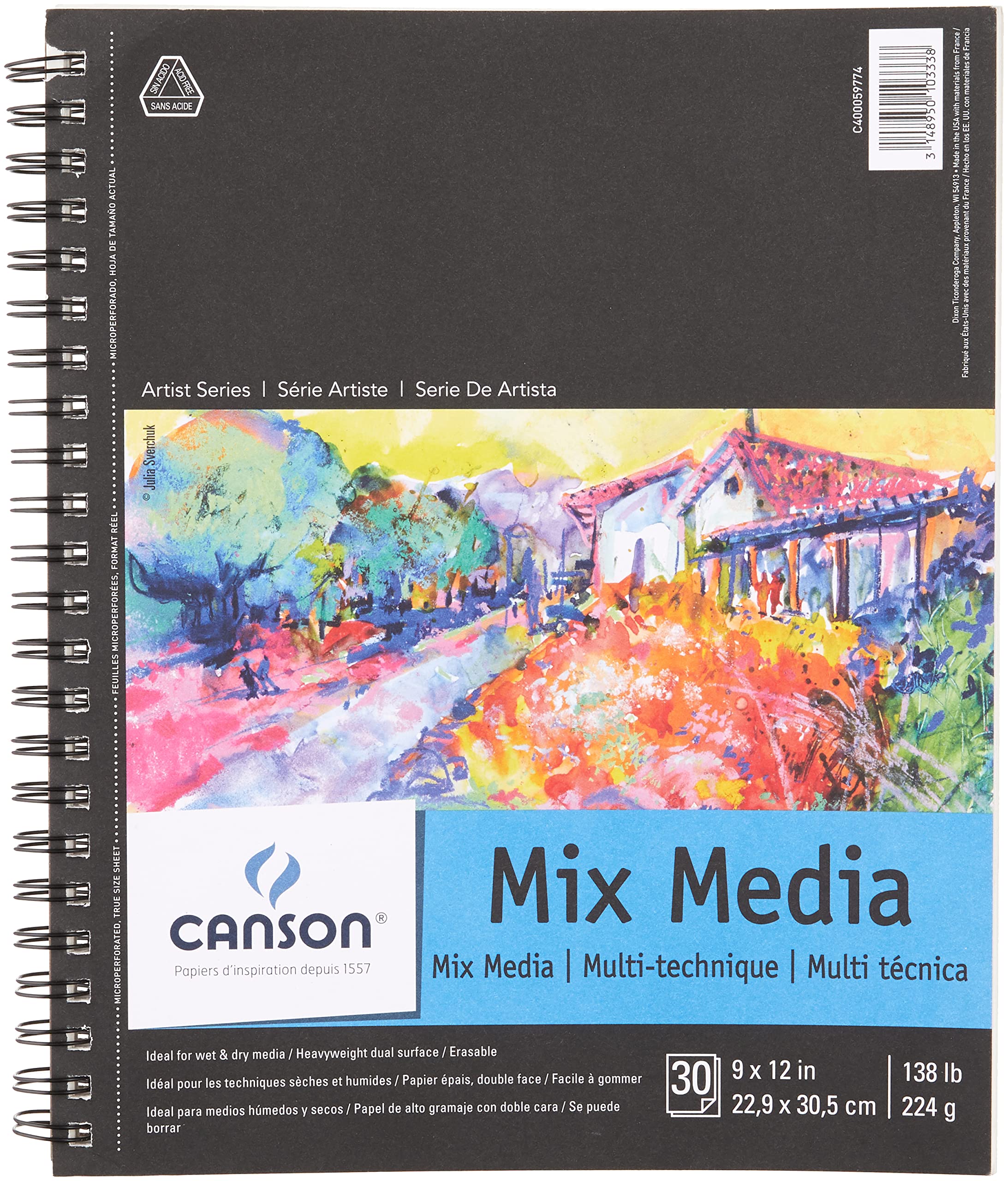 CansonArtist Series Mixed Media Paper, Wirebound Pad, 9x12 inches, 30 Sheets (138lb/224g) - Artist Paper for Adults and Students - Watercolor, Gouache, Graphite, Ink, Pencil, Marker