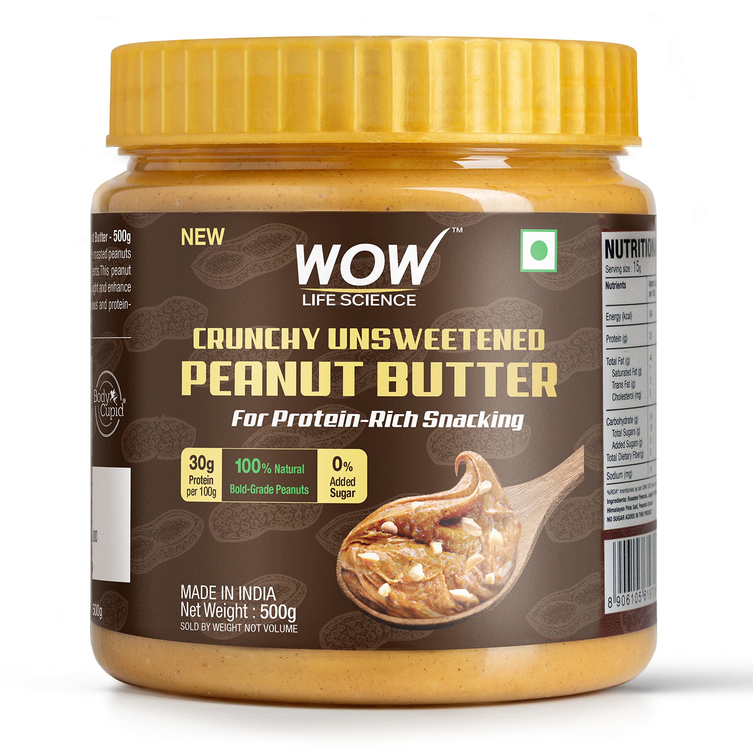 WOW Life Science - Peanut Butter Unsweetened (Crunchy) - 500 gm | High Protein with 30g Protein per 100g | For Protein Rich Snacking - Weight Management, Muscle Building & Healthy Lifestyle