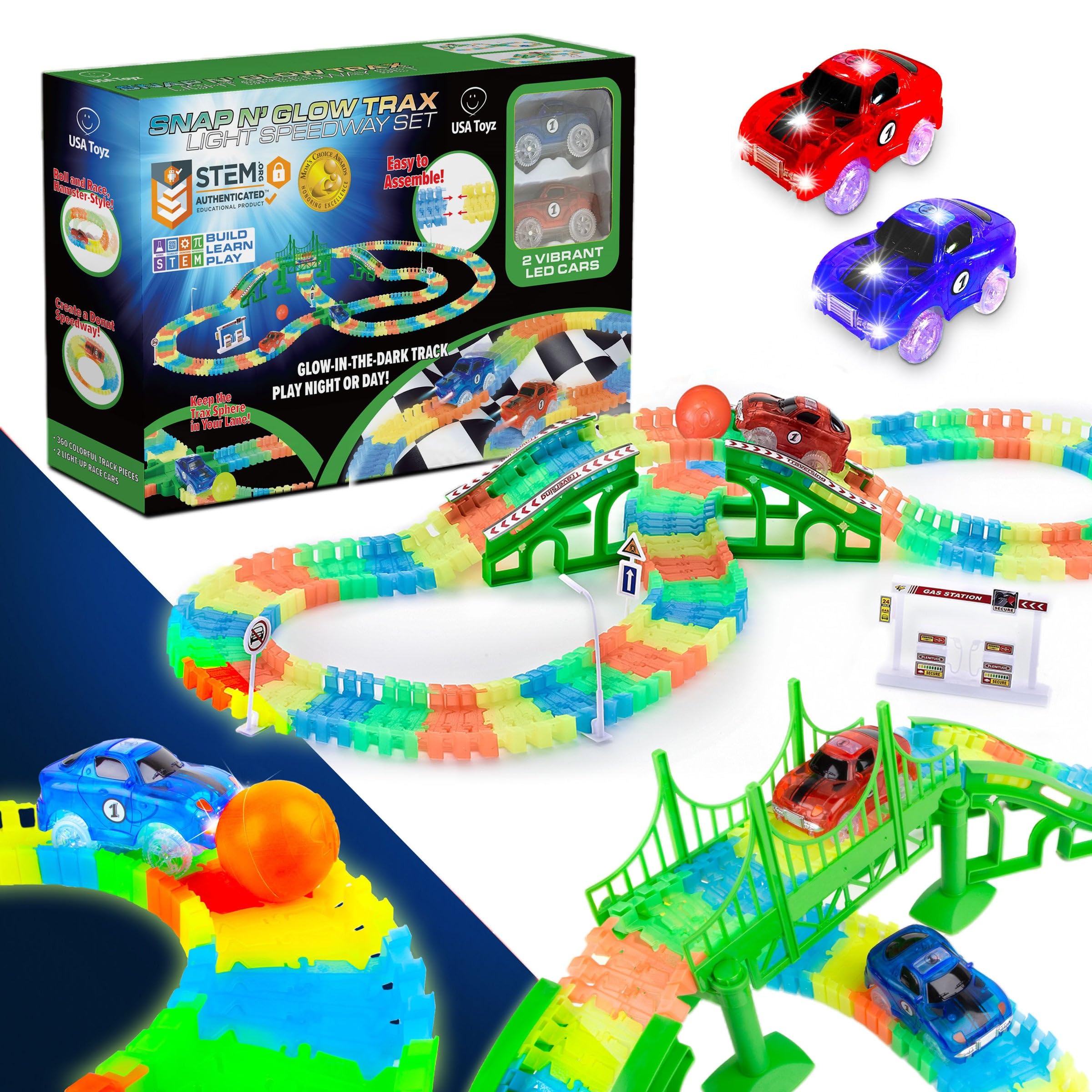 USA Toyz Glow Race Tracks and LED Toy Cars - 360pk Glow in The Dark Bendable Rainbow Race Track Set STEM Building Toys for Boys and Girls with 2 Light Up Toy Cars