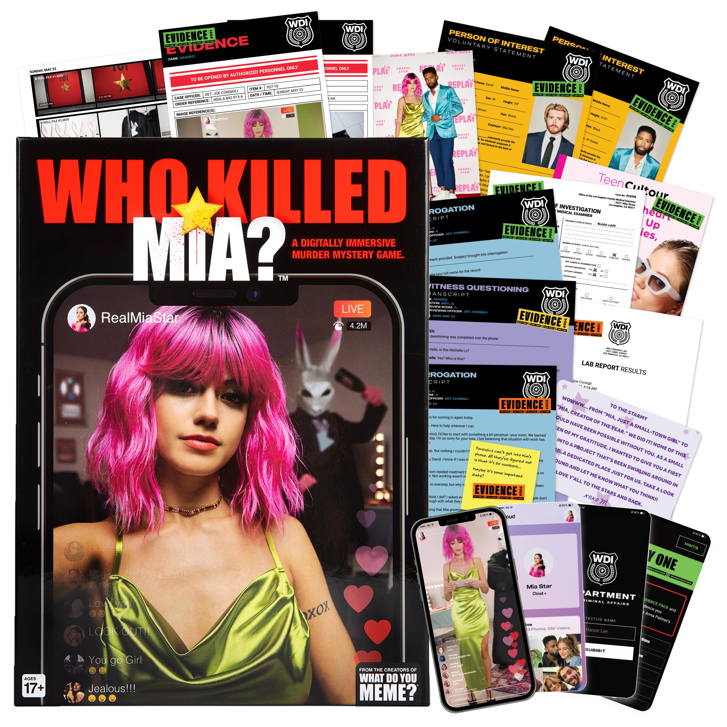 WHAT DO YOU MEME?Who Killed Mia — A Modern Murder Mystery Game True Crime Solving Games for Adults, Find Out who Killed Influencer Mia Star, for True Crime Fans