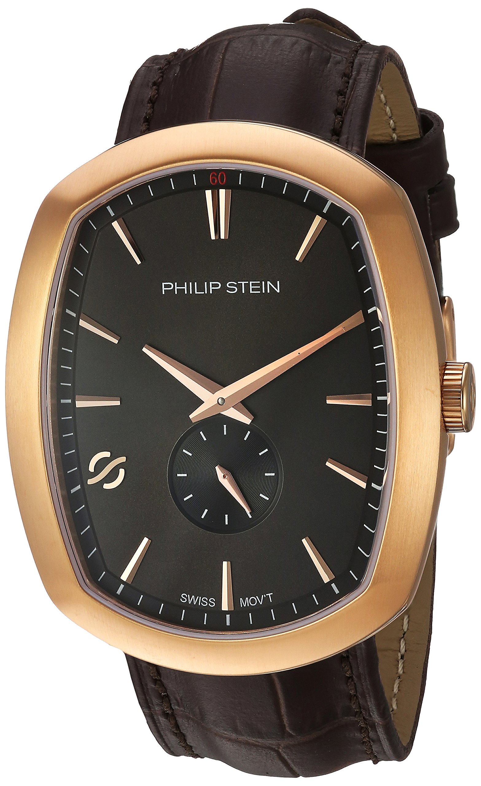 Philip SteinMen's Modern Stainless Steel Swiss-Quartz Watch with Leather Calfskin Strap, Brown, 22 (Model: 72RGP-CRGBK-CSTACH)