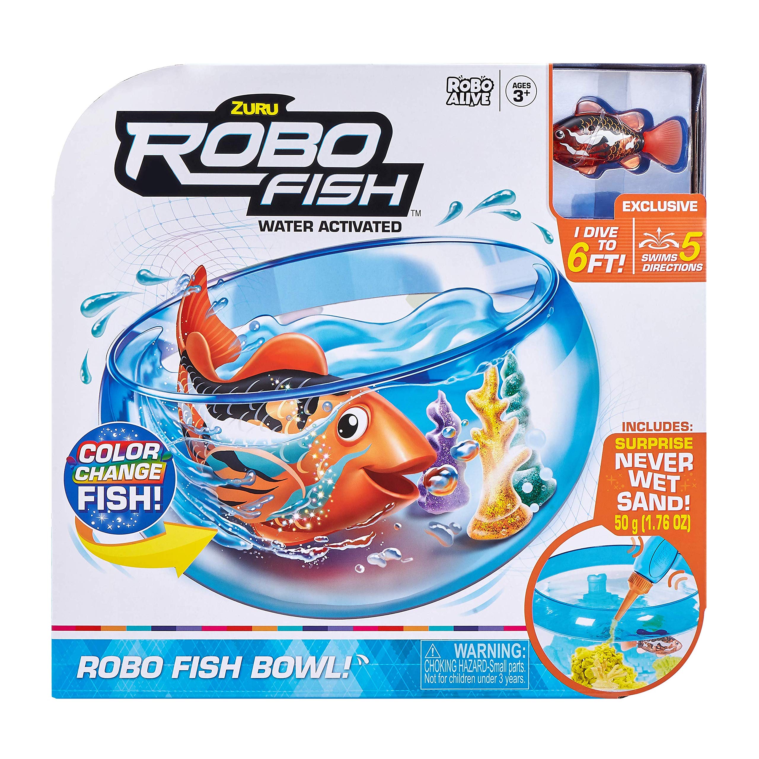 Robo Alive Fish Water Activiated Swimming Pets Fish Bowl Playset by ZURU Color Changing Toys and Never Wet Sand