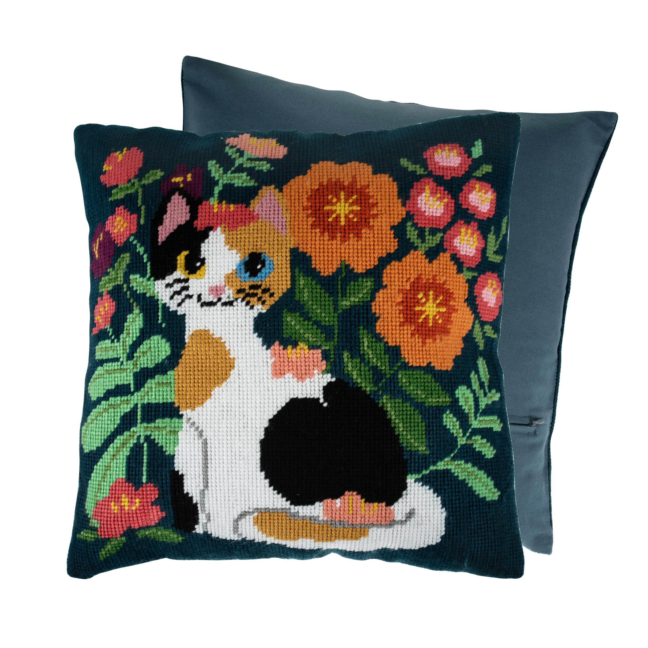 TrimitsHalf Stitch Cross Cushion Kit, Back Included, Pre Printed Canvas, Yarn and Needle 40 x 40cm (15.75 x 15.75in), Cat