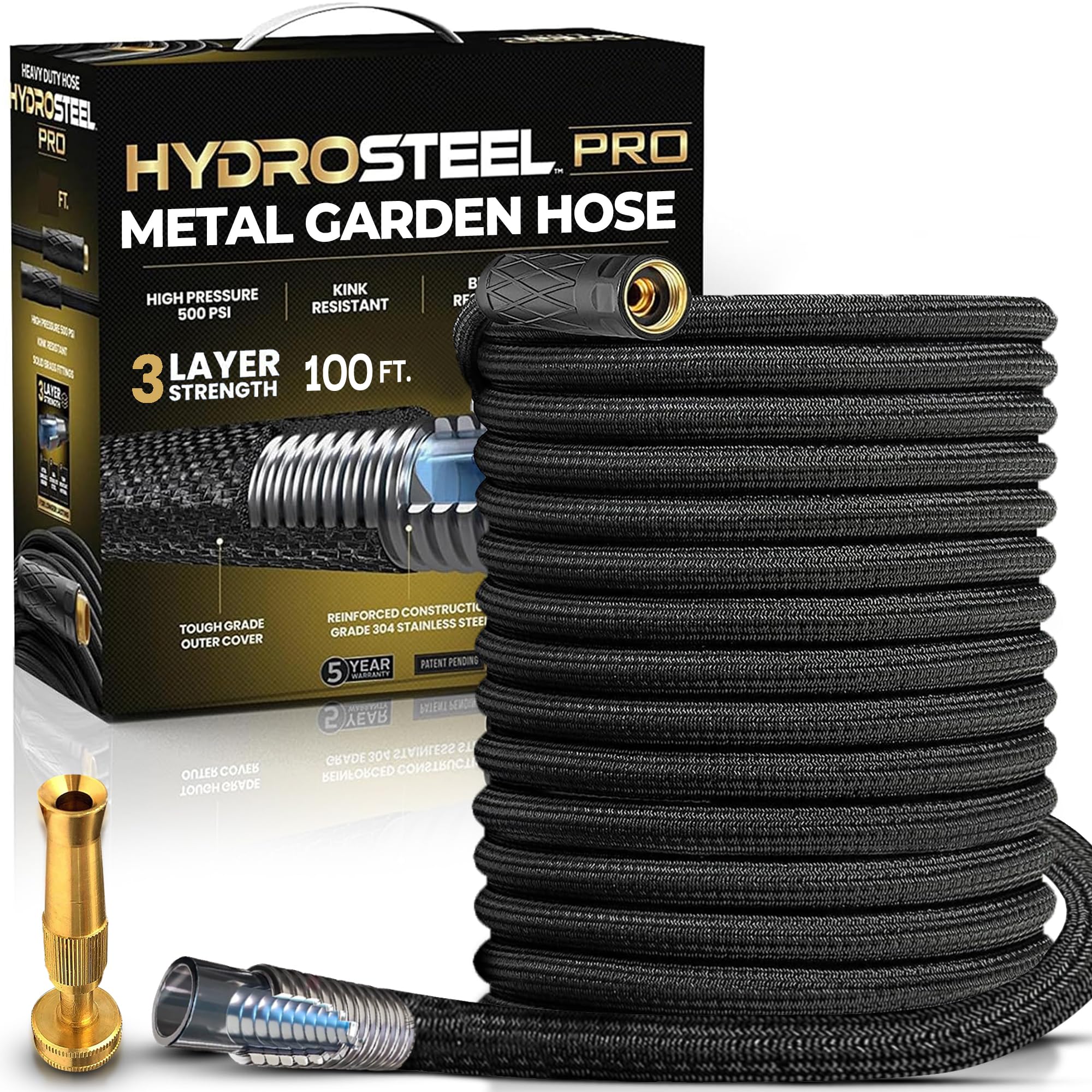 HYDROSTEEL PRO Metal Garden Hose 100 Ft with Nozzle, Water Hose 100Ft, Heavy Duty 3x Layer Stainless Steel Flexible 100 Ft Garden Hose, Lightweight, Easy to Coil, Garden Hoses 500 PSI AS SEEN ON TV