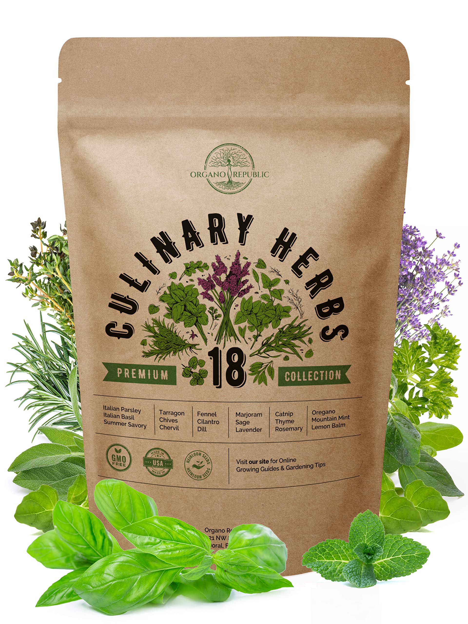 Organo Republic18 Culinary Herbs Seeds Variety Pack - Heirloom, NON-GMO, Herbs Seeds for Outdoor and Indoor - Home Gardening. Over 5000+ seeds including Rosemary, Thyme, Oregano, Mint, Basil, Parsley