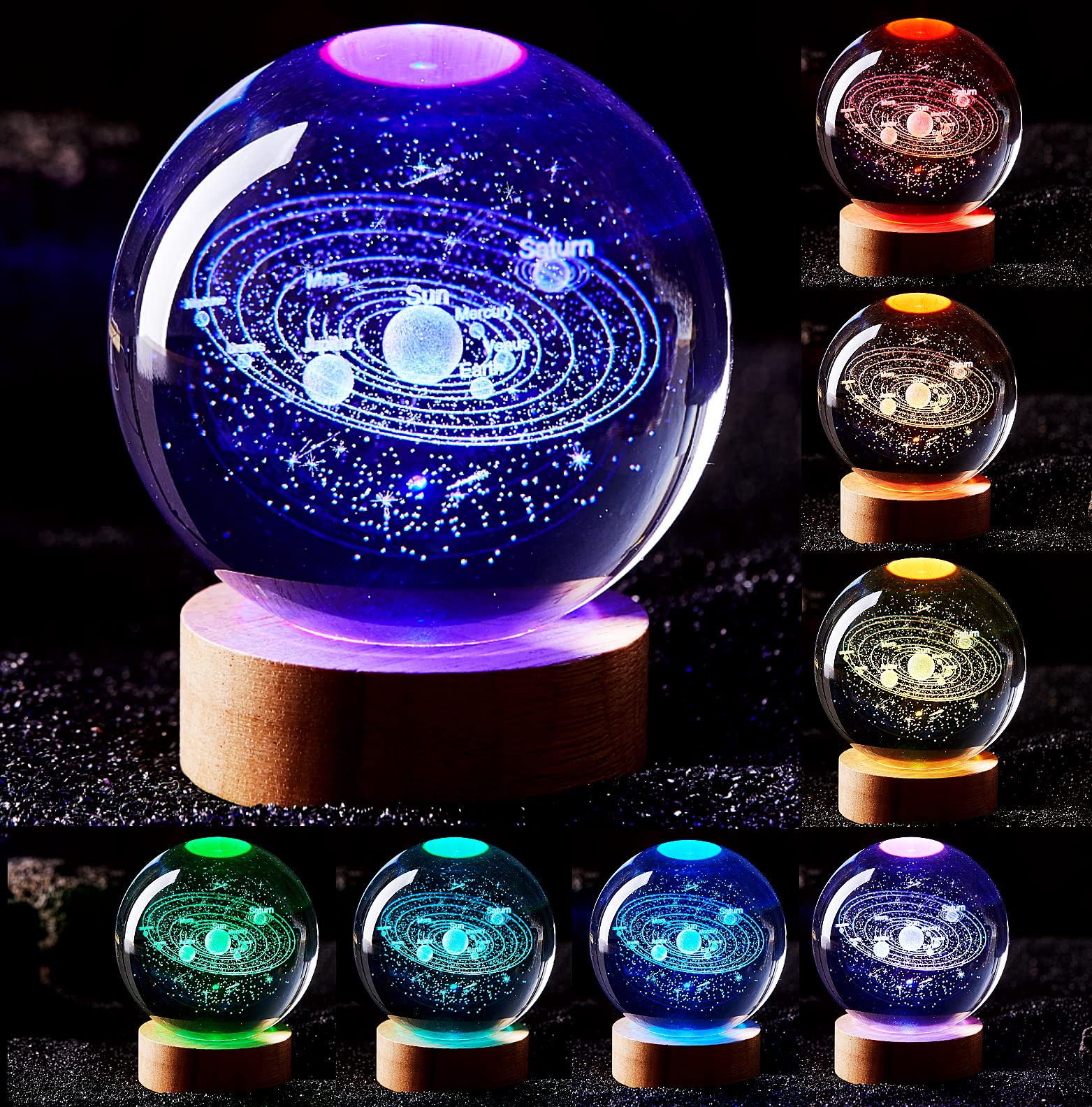 Conalisk 3D Solar System Crystal Ball Lamp,3.15 Inch K9 Crystal Ball Night Light with Wooden Base,16 Colors Changing with Remote Control,3D Planet Laser Engraving Holographic Crystal Ball Light