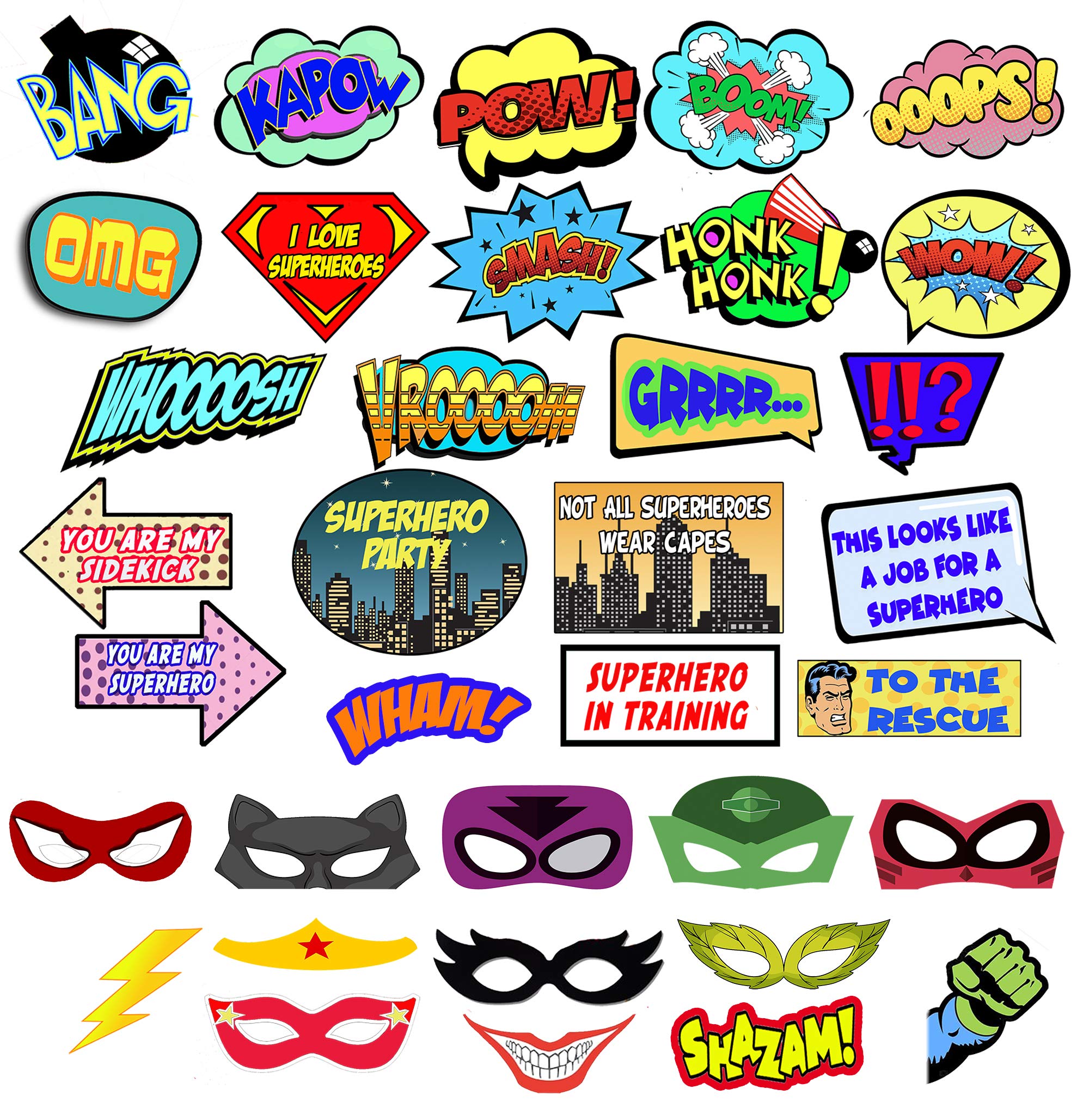 Superhero Photo Booth Props – Comic Superhero Party Decorations Set – 35 Colorful Superhero Props, Signs and Mask for Birthday Decor, Wedding, Bachelorette Party by Scapa Pro