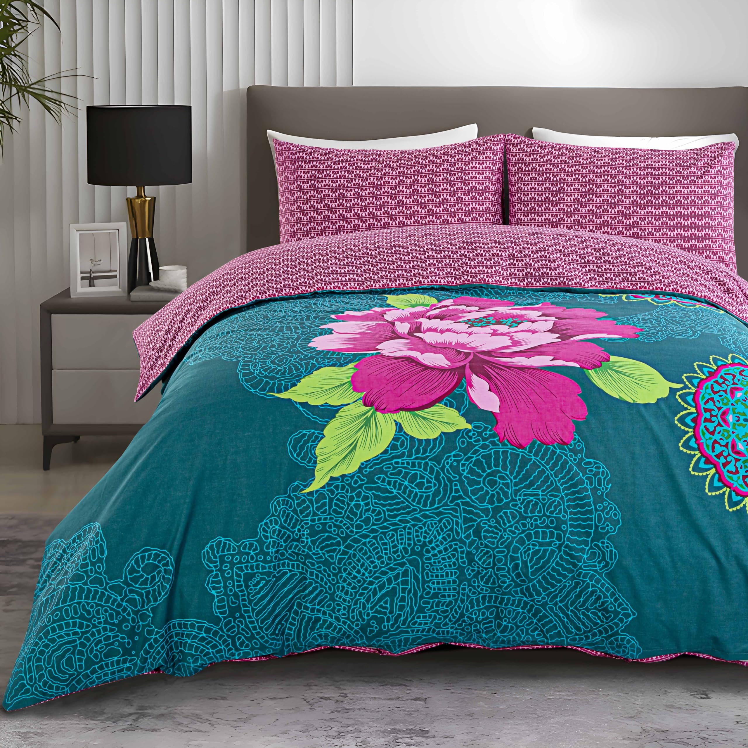 Nimsay Home Janice Bohemian Floral Mandala Duvet Cover and Pillowcase Teal Plum Bedding Set (Single)