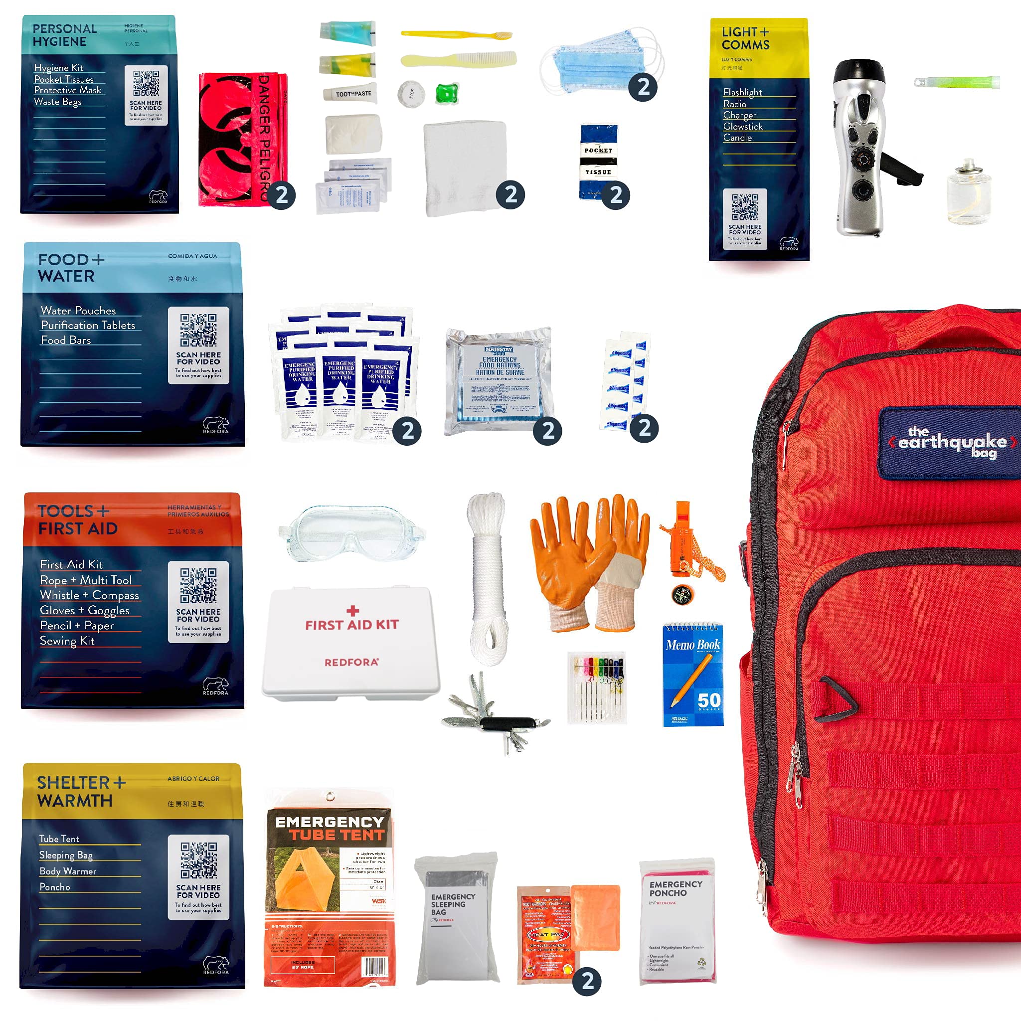 Complete Earthquake Bag - 3 Day Emergency kit for Earthquakes, Hurricanes, Wildfires, Floods + Other disasters