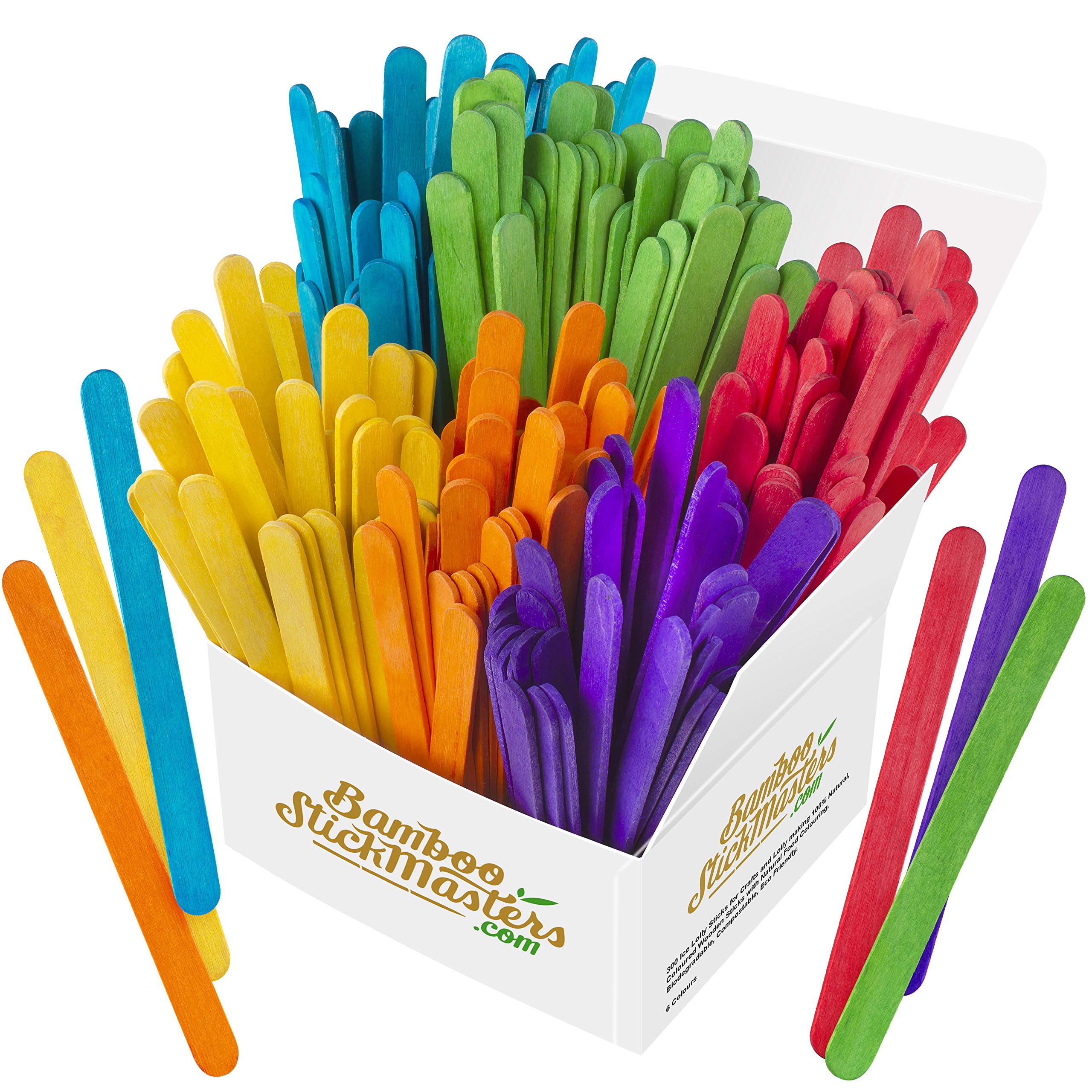 Coloured Lollipop Sticks 300 Wooden Birch Wood Craft Lolly Sticks 6 Colours Art DIY Plant Labels