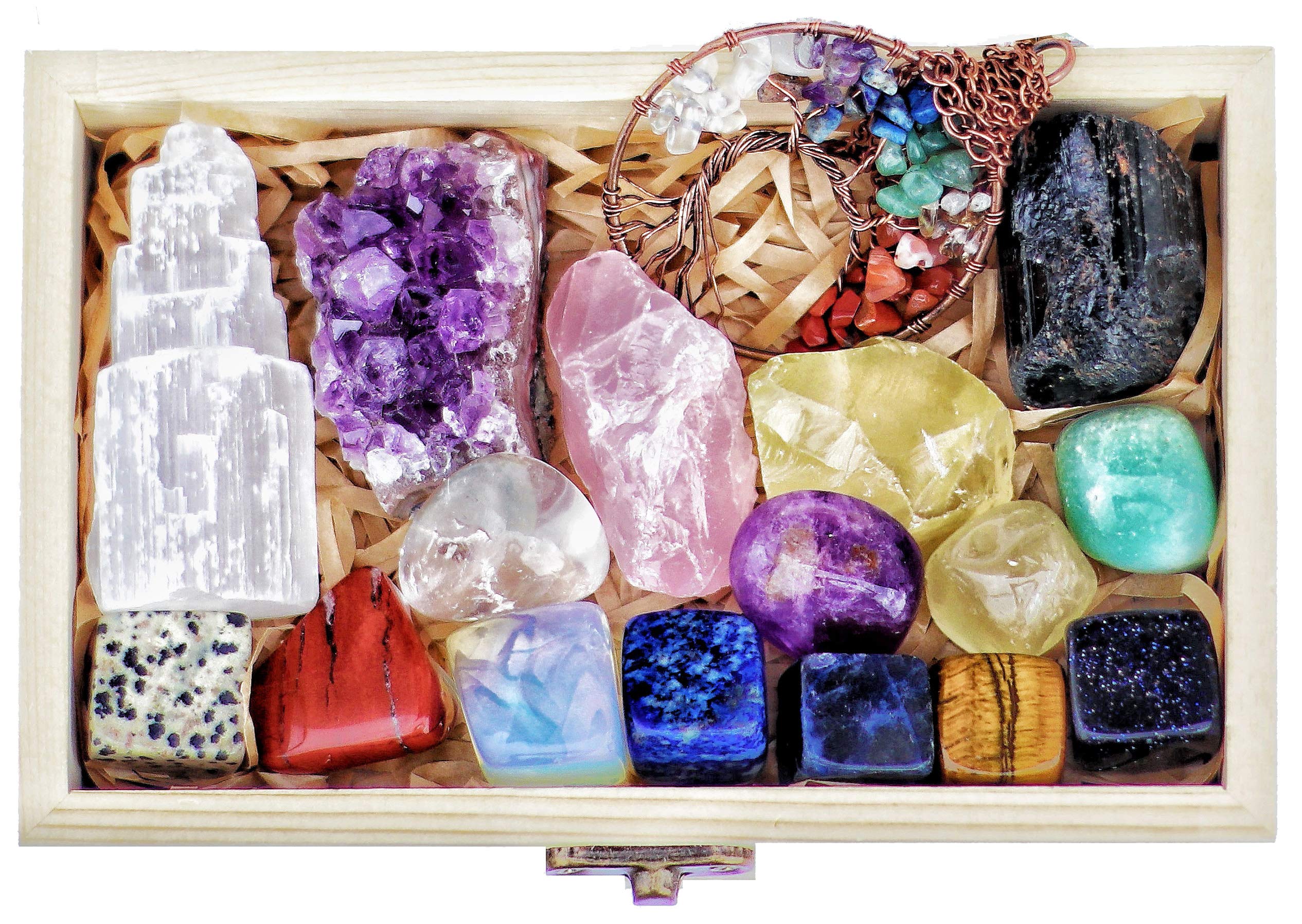 AtPerry's 16 LARGE Natural Healing Crystals Set in Wooden Box - Tumbled, Rough & Raw Crystals, Including Selenite Tower, Black Tourmaline, Amethyst, Rose Quartz, Lapiz Lazuli, Citrine & Tiger's Eye