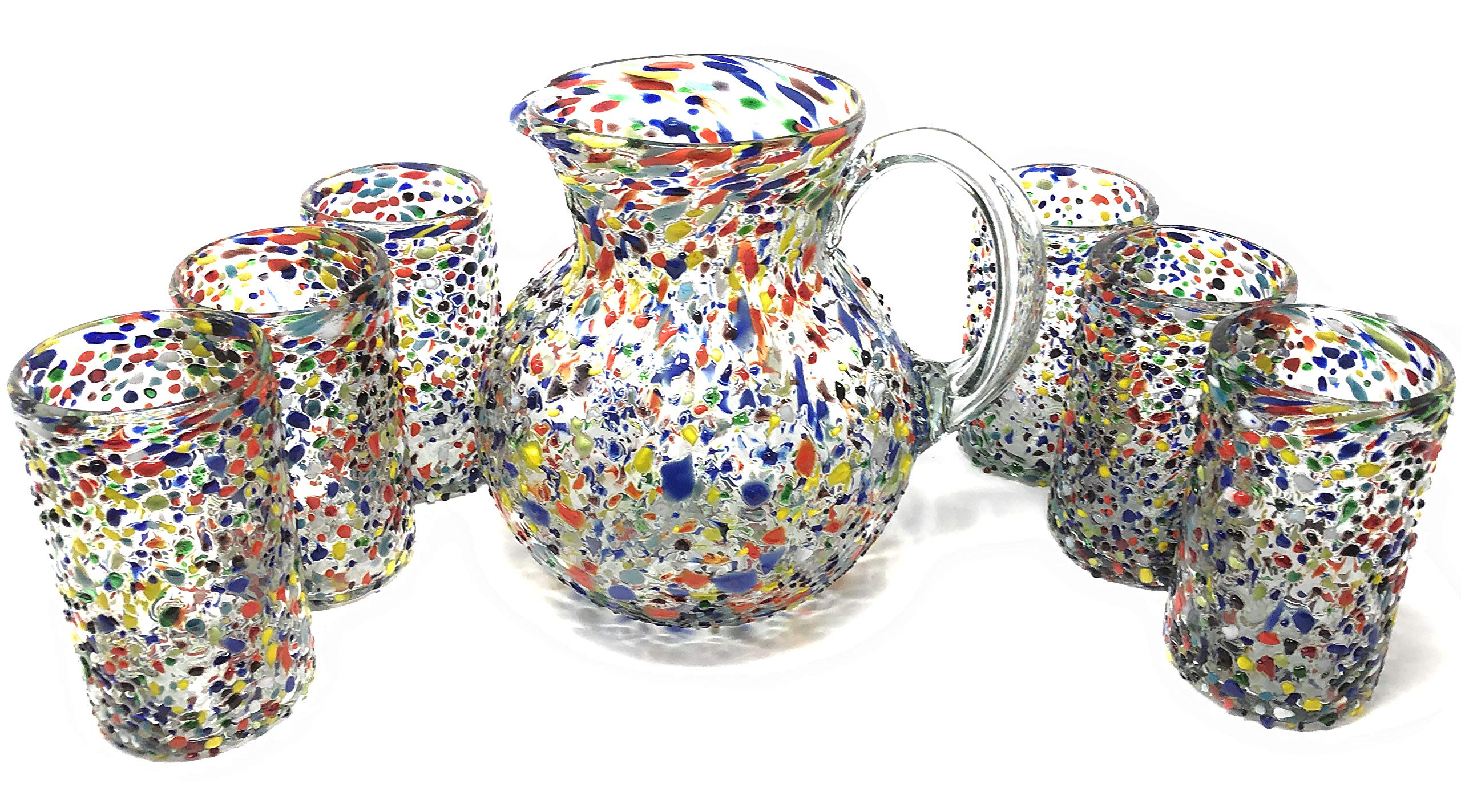 Mexican Hand Blown Glass Drinkware Set - Includes 84oz Pitcher and 6 Blown Drinking Glasses (14oz) – Confetti Rock Design