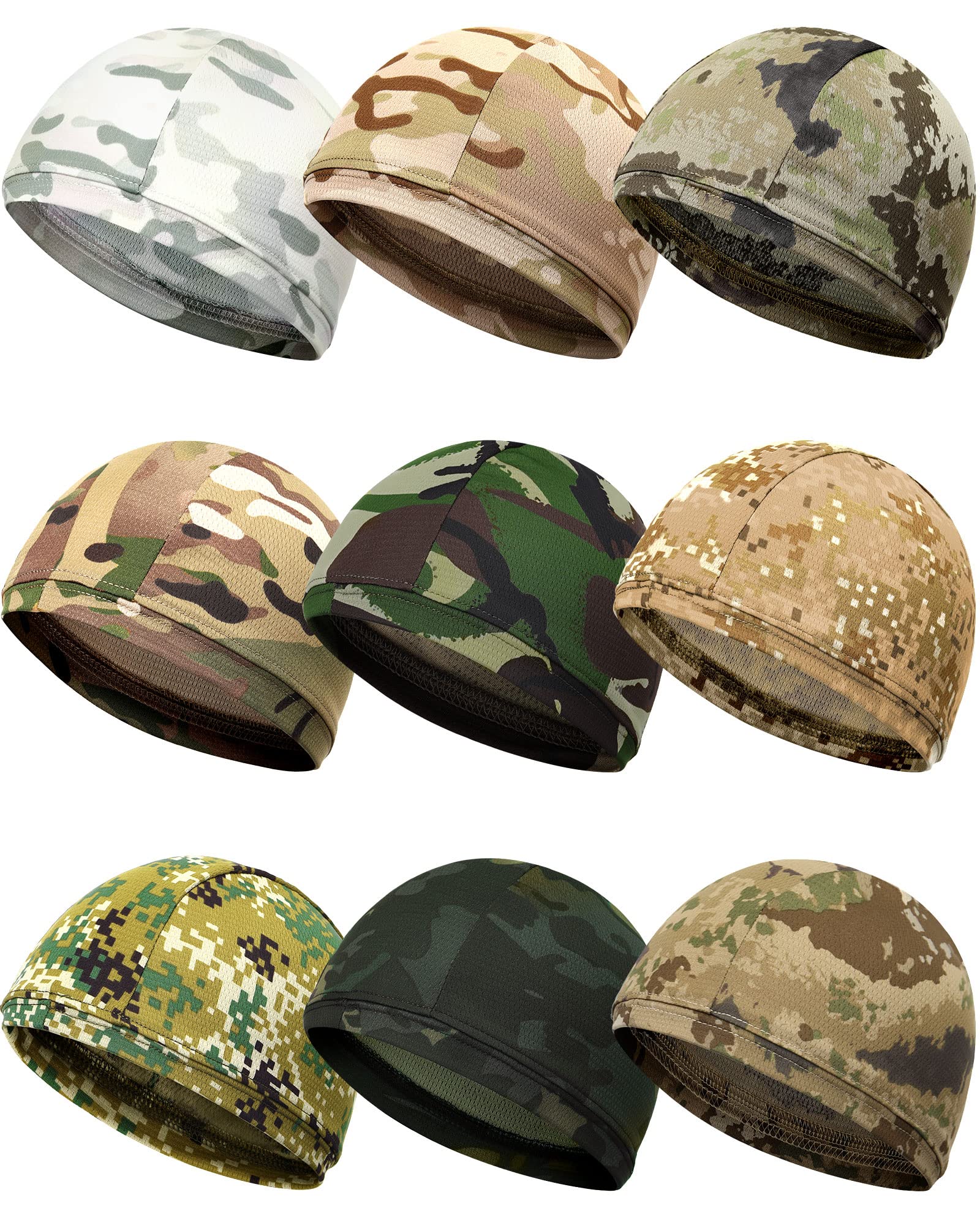 Jeere9 Pcs Cooling Skull Cap Camo Liner Sweat Wicking Cap Lightweight Cycling Cap Running Head Cap for Men Women