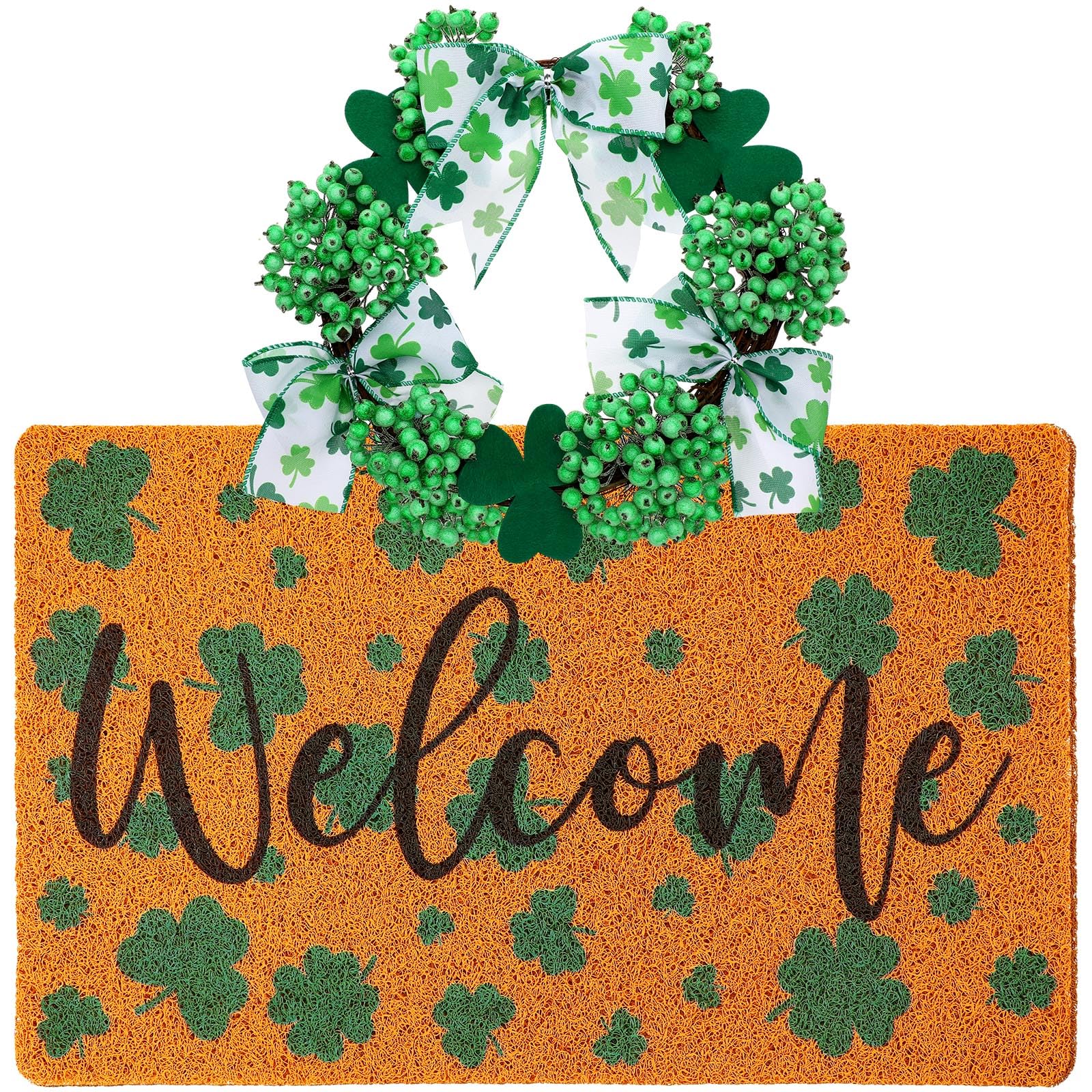 Drydiet St. Patrick's Day Decoration Set Include Non Slip Welcome Clover Imitation Coir Doormat Irish Green Shamrock Wreath with Bow for Spring Outdoor Front Door Entrance Home Wall Window Porch Decor