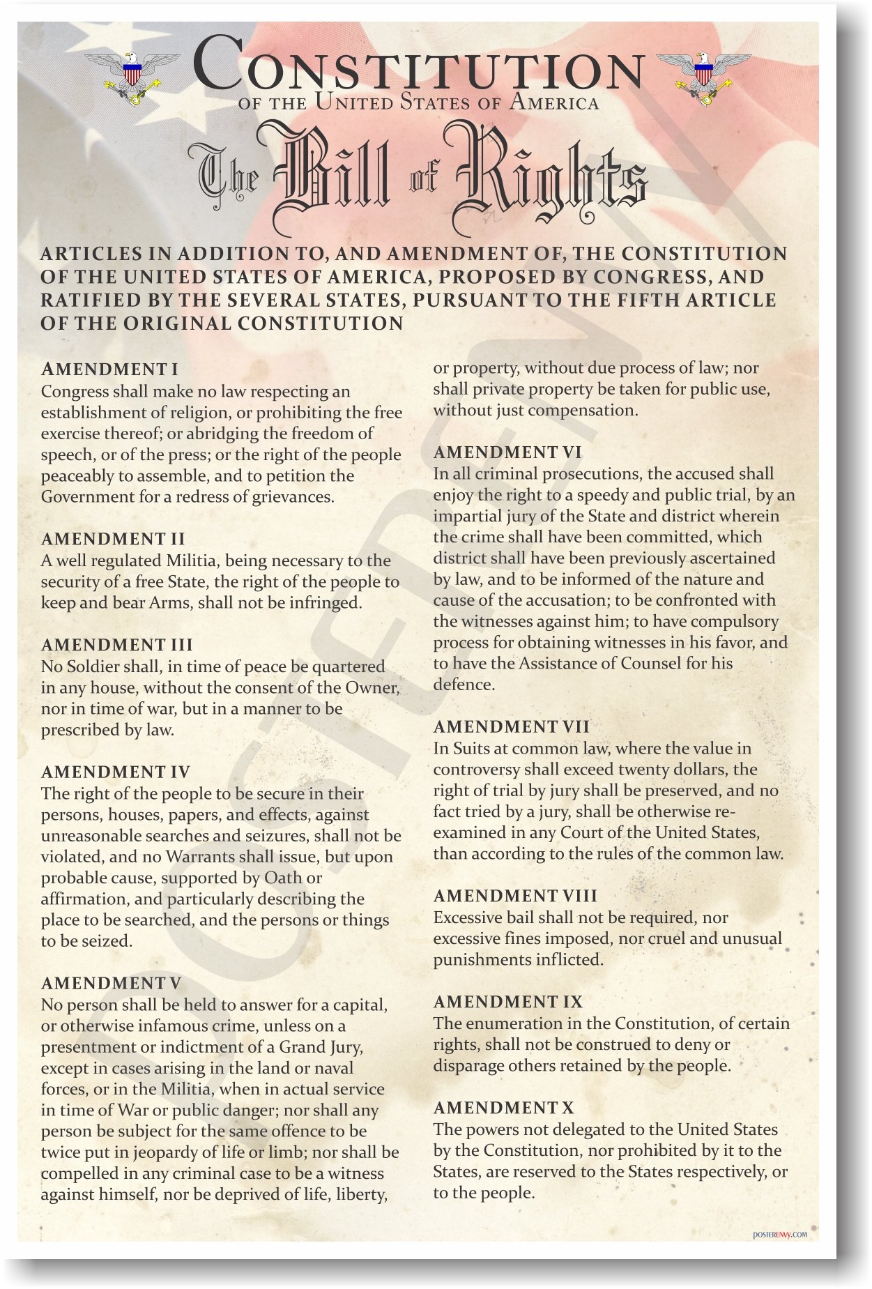 The U.S. Constitution - The Bill of Rights - US History Government Classroom School Poster