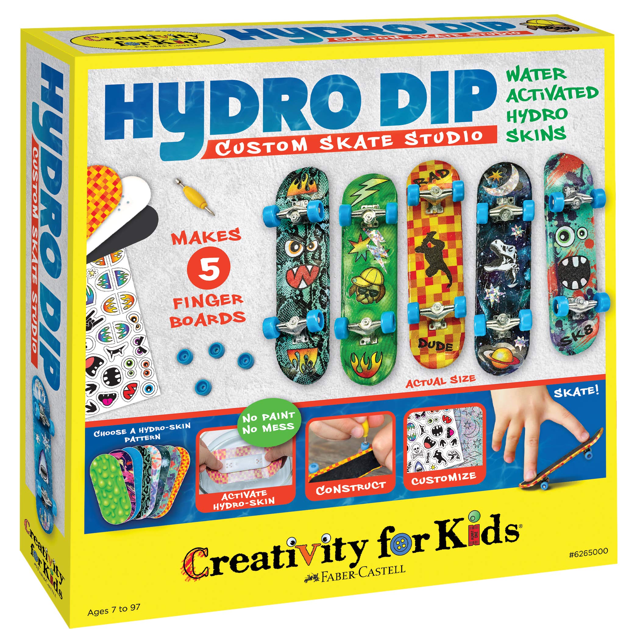 Creativity for Kids Hydro-Dip Custom Skate Studio – Mini Finger Skateboards for Kids – Customize 5 Skate Decks