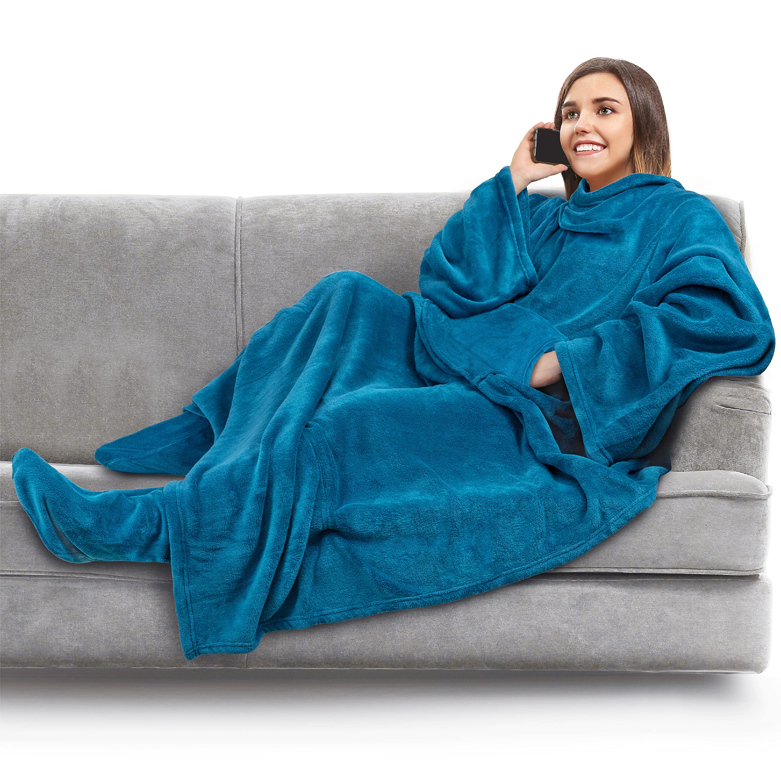 PAVILIA Fleece Blanket with Sleeves and Foot Pockets for Women Men Adult, Wearable Blanket Throw Wrap, Warm Cozy Extra Soft Sleep Hug Blanket with Feet, Gift for Women Mom (Teal Blue)