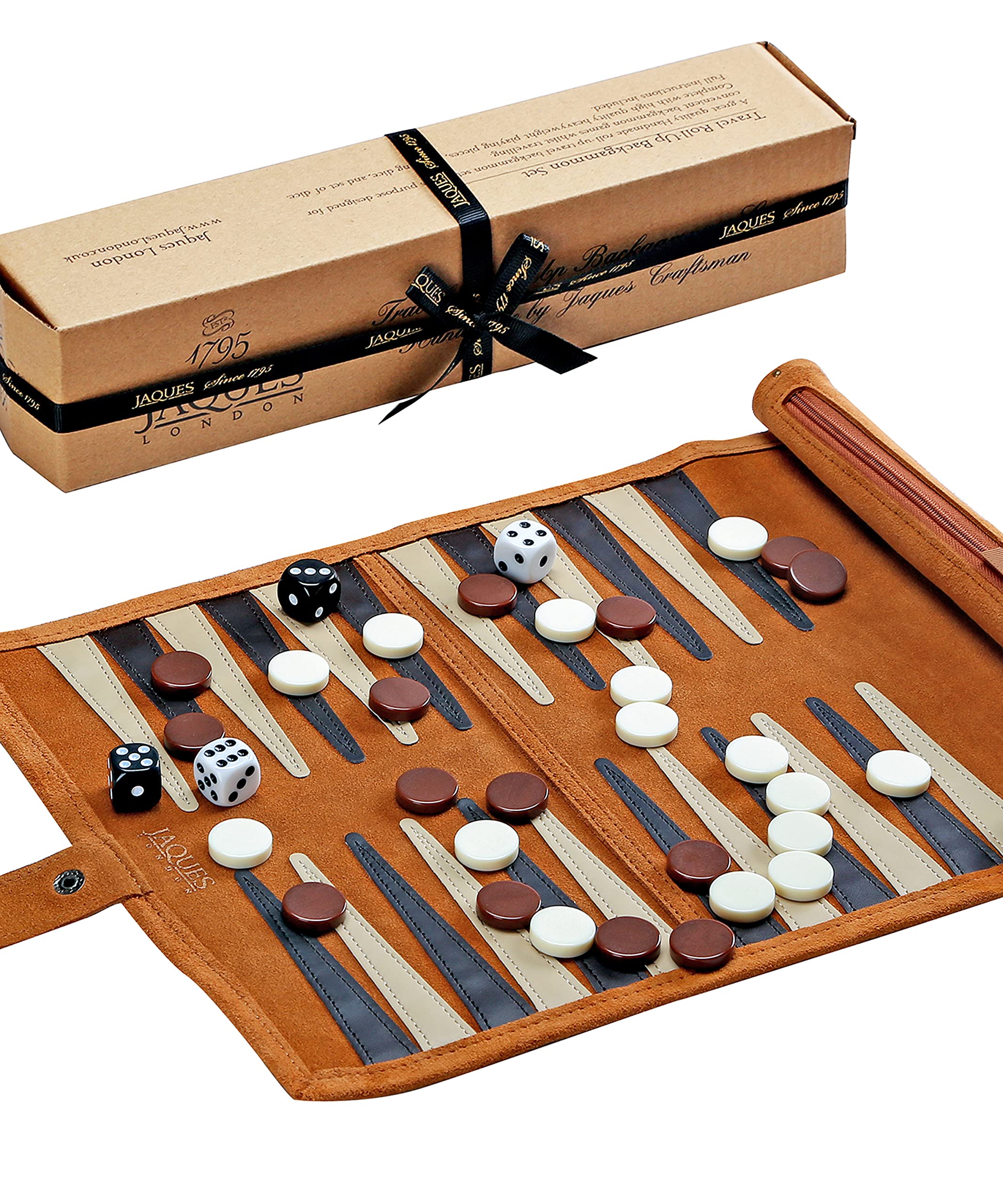 Jaques of London Backgammon Set | Luxury Backgammon Set | Travel Roll Up Backgammon Game with Traditional Tan Design | Genuine Leather Backgammon Set | Since 1795…