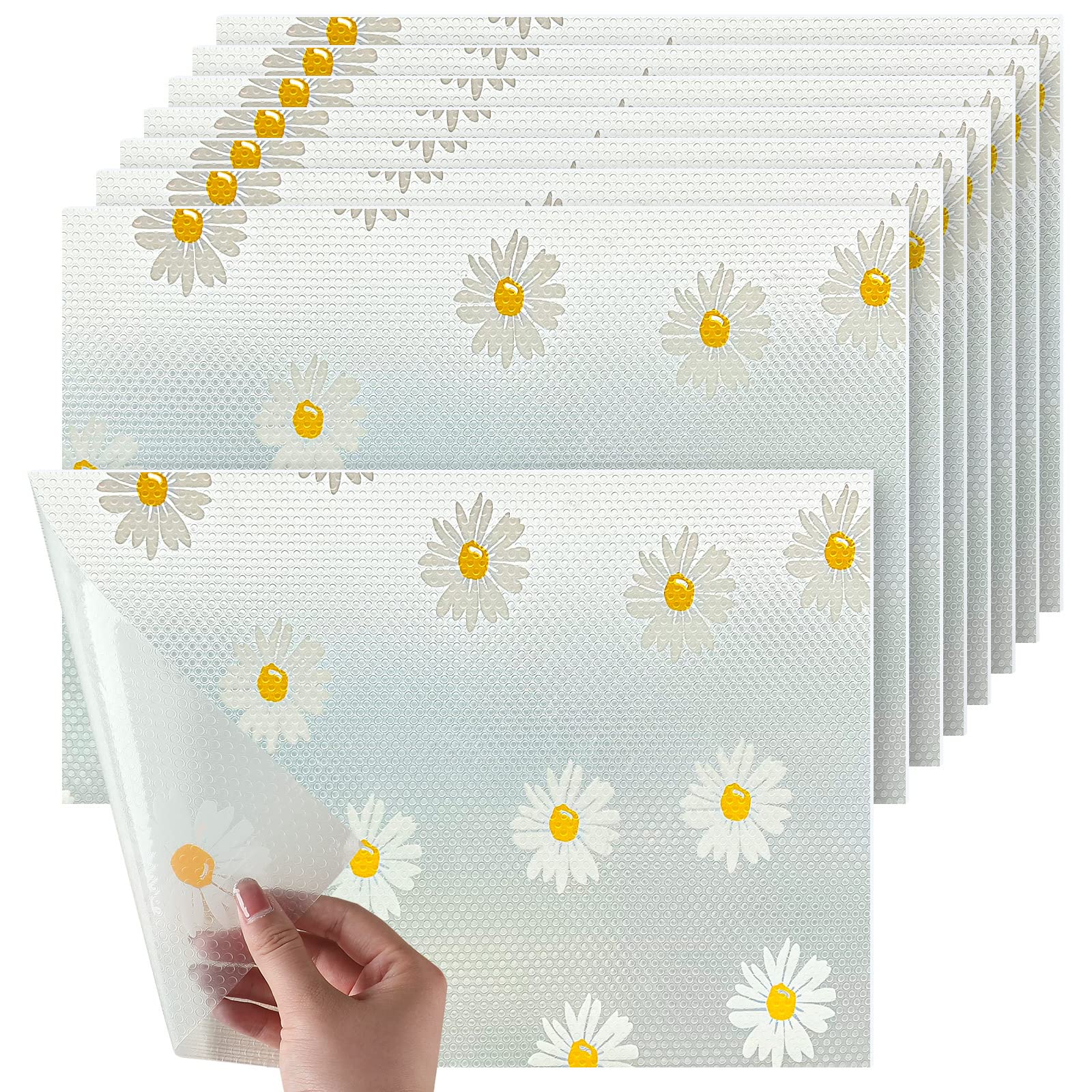 8 Pieces Refrigerator Shelf Liner Drawer Liner for Kitchen Cabinets Washable Refrigerator Mats Eva Non Adhesive Shelf Liners Easy to Cut Drawer Cover Sheet for Fridge Dresser, 17.7 x 11.8 Inch (Daisy)