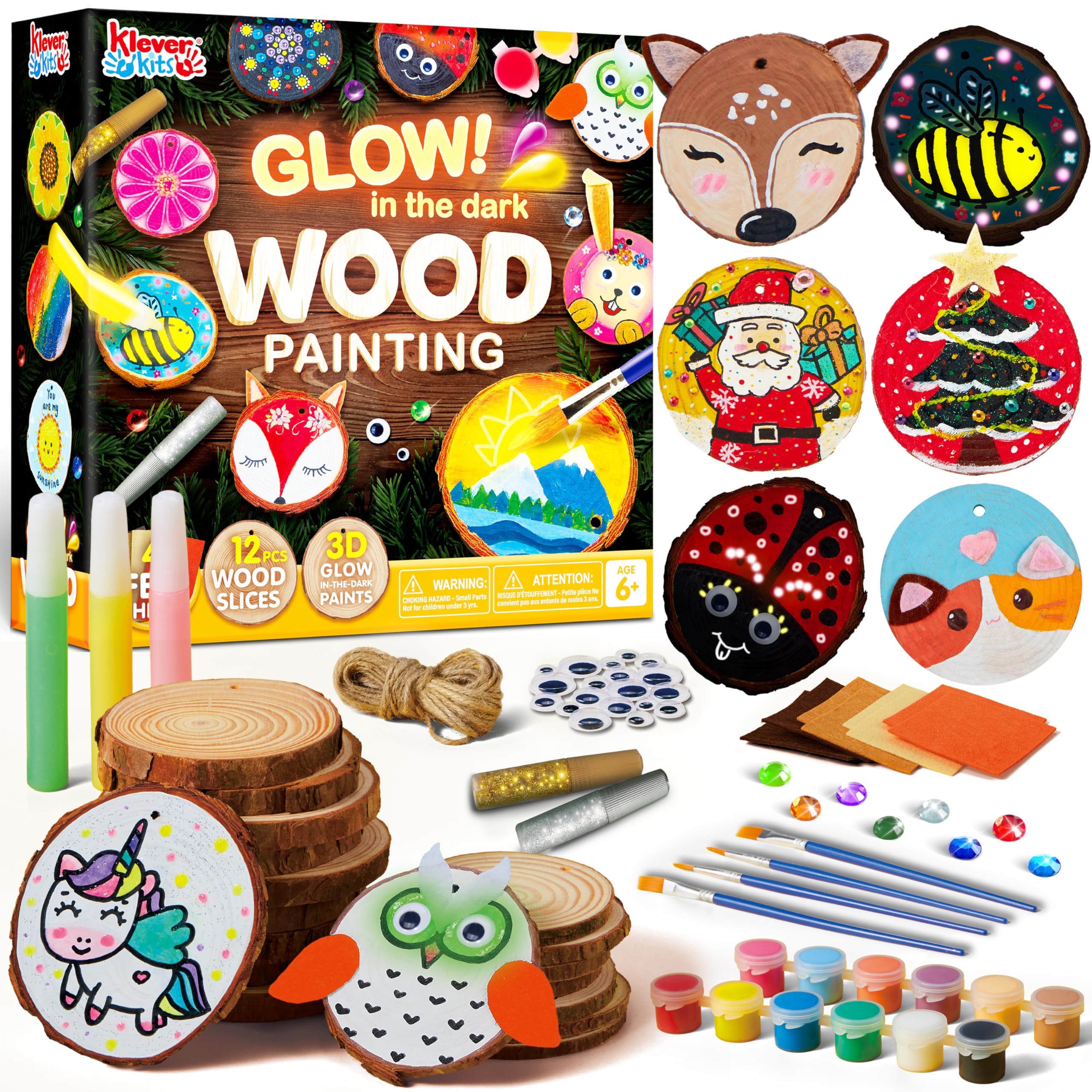 Klever Kits Wooden Painting Craft Kit-Glow in The Dark- Arts and Crafts for Kids Ages 6-12 Wood Slices with Art Activitiy Supplies, Wood Crafts for Boys Girls Party Gift Christmas Tree Ornaments