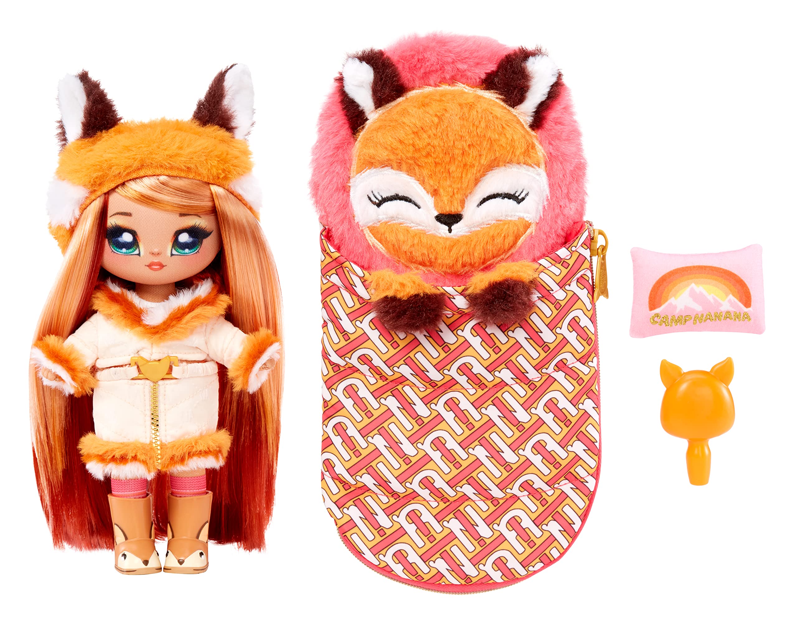 MGA Entertainment Na Na Na Surprise Camping Dolls Sierra Foxtail - Fox-Inspired 7.5" Fashion Doll with Orange Hair and -Plush Fox Sleeping Bag, 2-in-1 Gift, Toy for Kids Ages 5 6 7 8+ Years