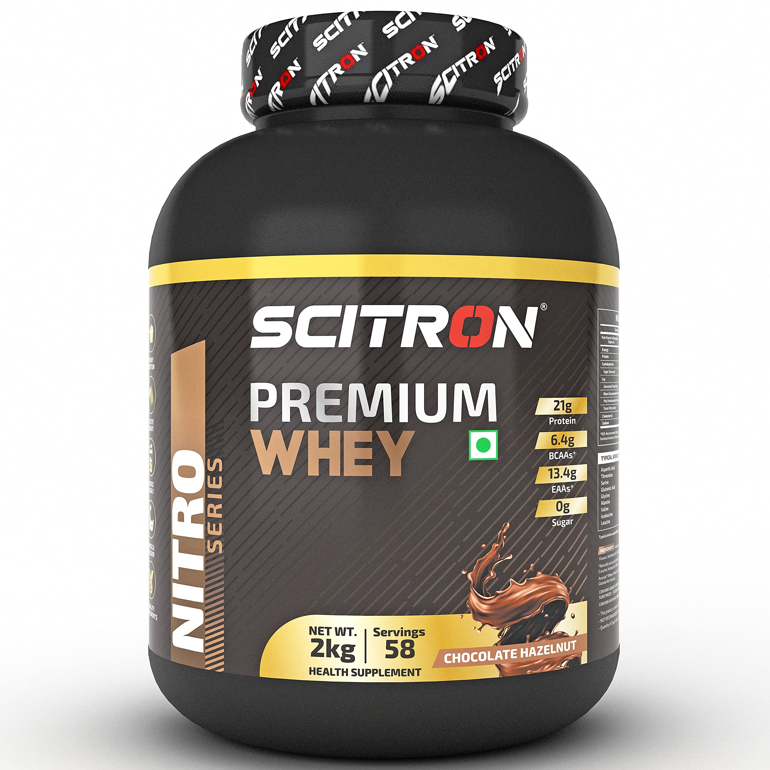 SCITRON Nitro Series PREMIUM WHEY (21g Protein, 6.4g BCAAs, 13.4g EAAs, 0g Sugar, 58 Servings) - 2kg (Chocolate Hazelnut)