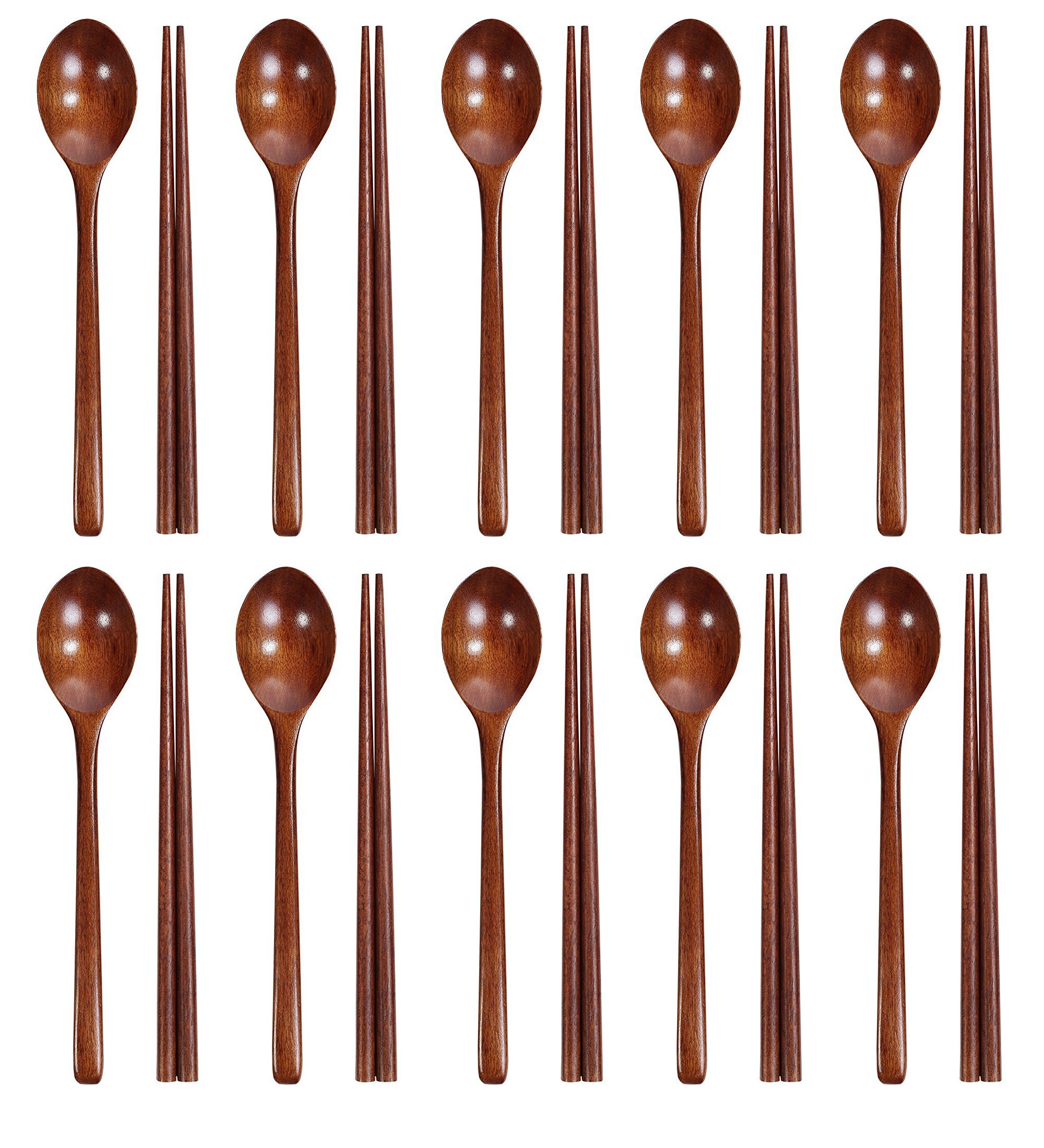 100% Natural Reusable Wooden 9" Spoon and Chopstick Set (10 Pack)