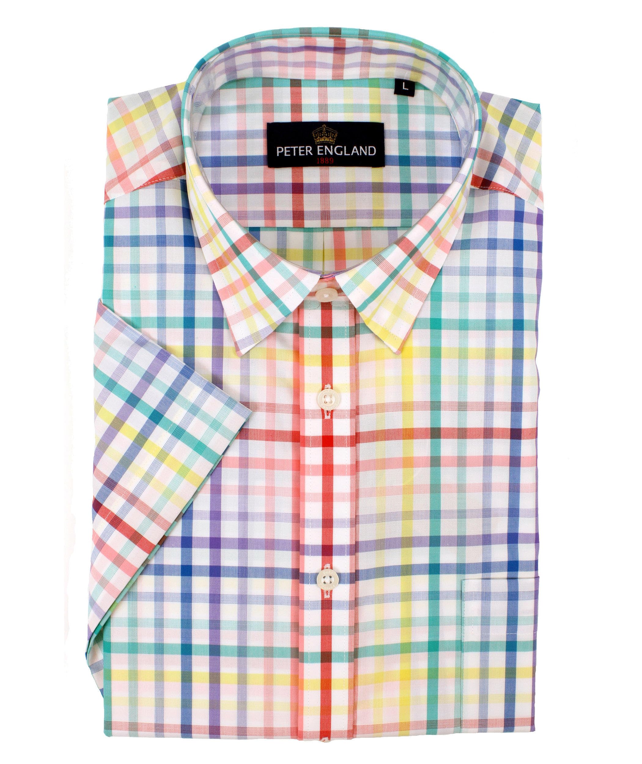 Peter England Multicoloured Tattersall Check Short Sleeve Cotton Shirt