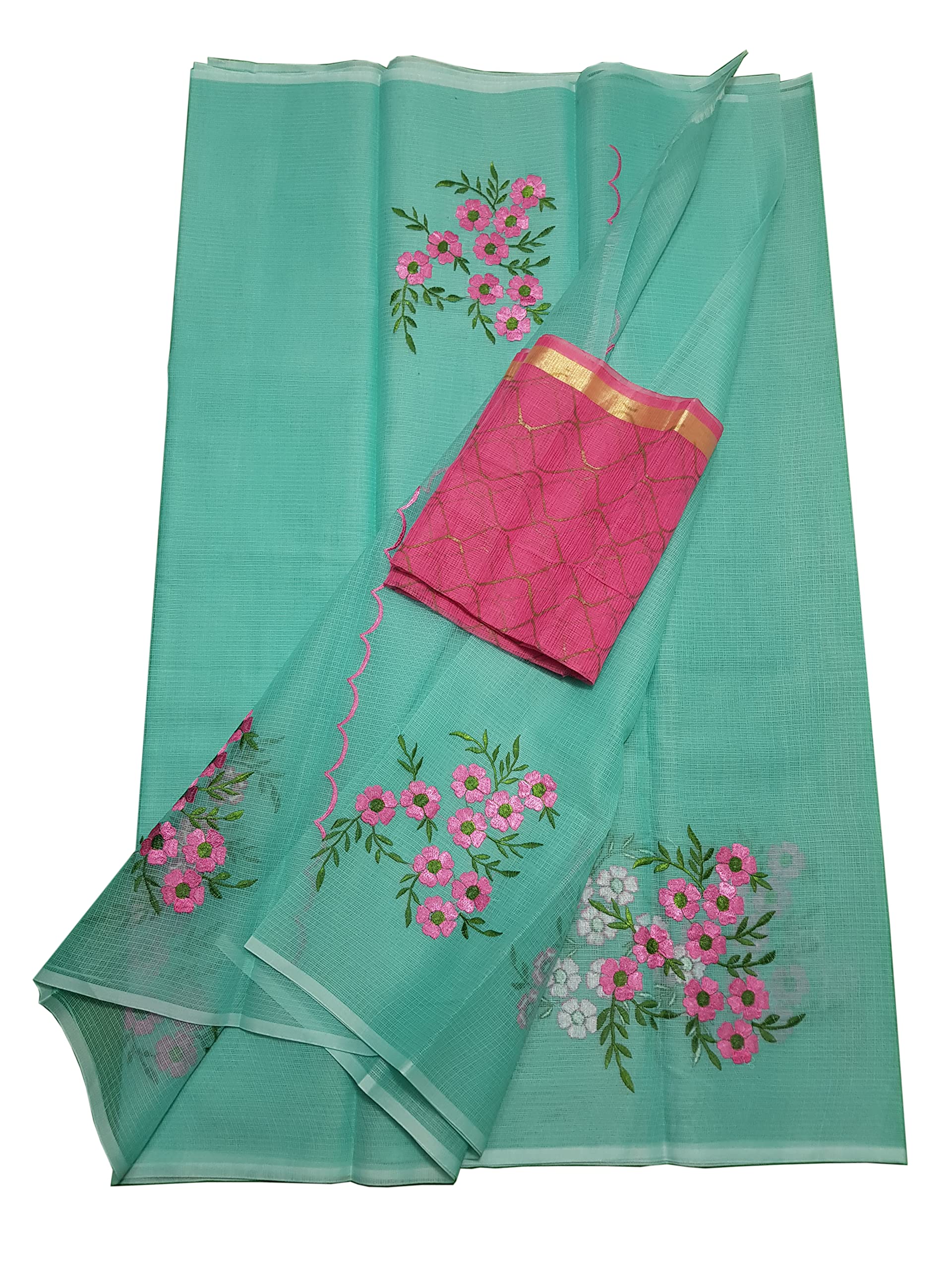 GenericWomen's Kota Doria Saree With Stylish Lemon Floral Embroidery By Ansar Fashion