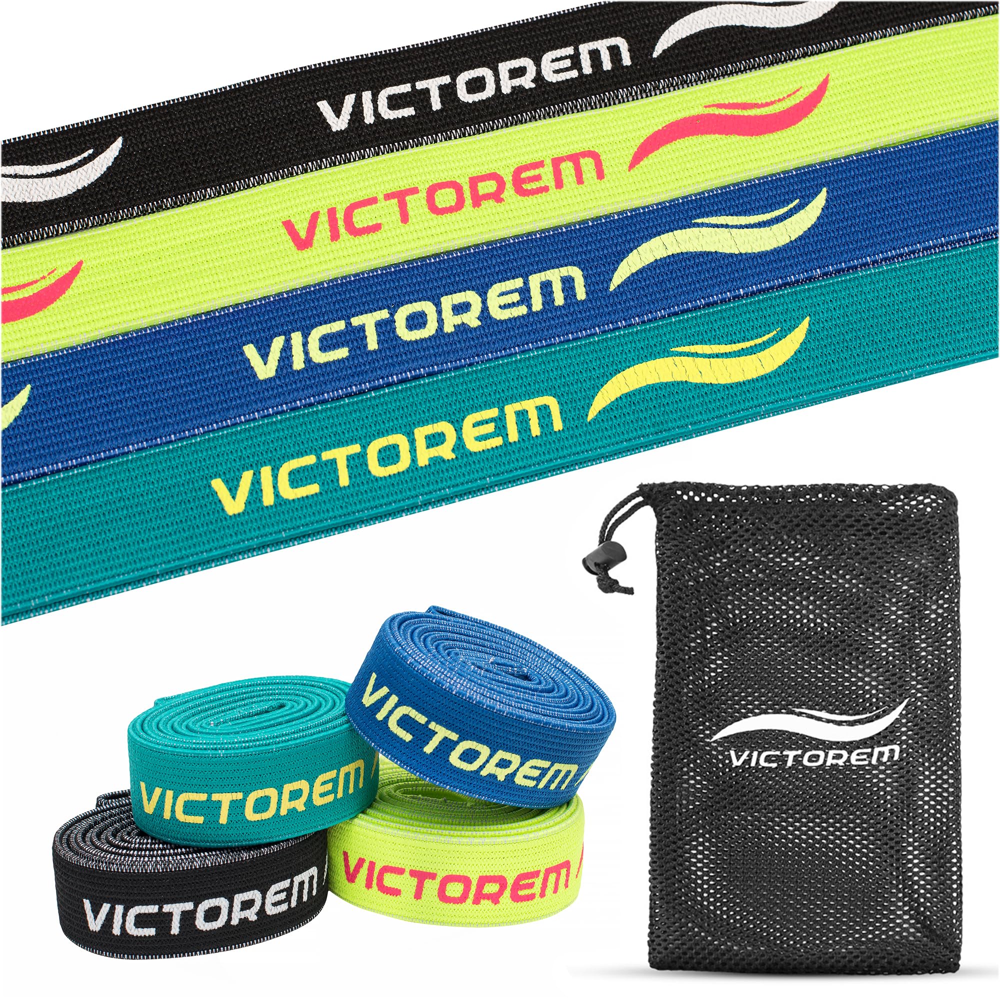 Victorem Pull Up Assistance Bands Set - Set of 4 Long Fabric Resistance Bands for Home - Sturdy Stretch Bands for Home Exercise, Stretching - Fitness Bands with Bag and Workout Guide