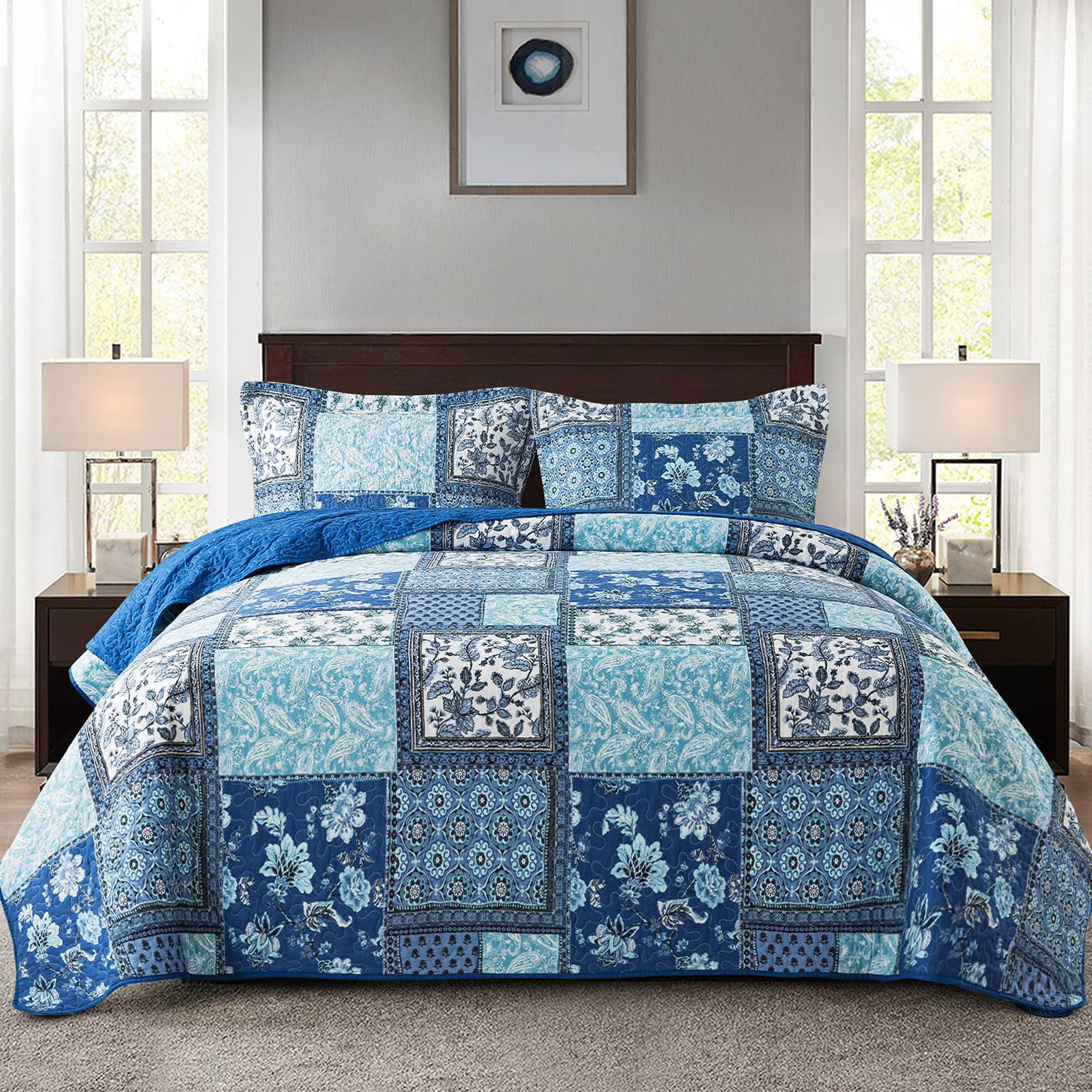 NEWLAKECotton Bedspread Quilt Sets-Reversible Patchwork Coverlet Set, Chic Floral Paisley Pattern, Queen Size