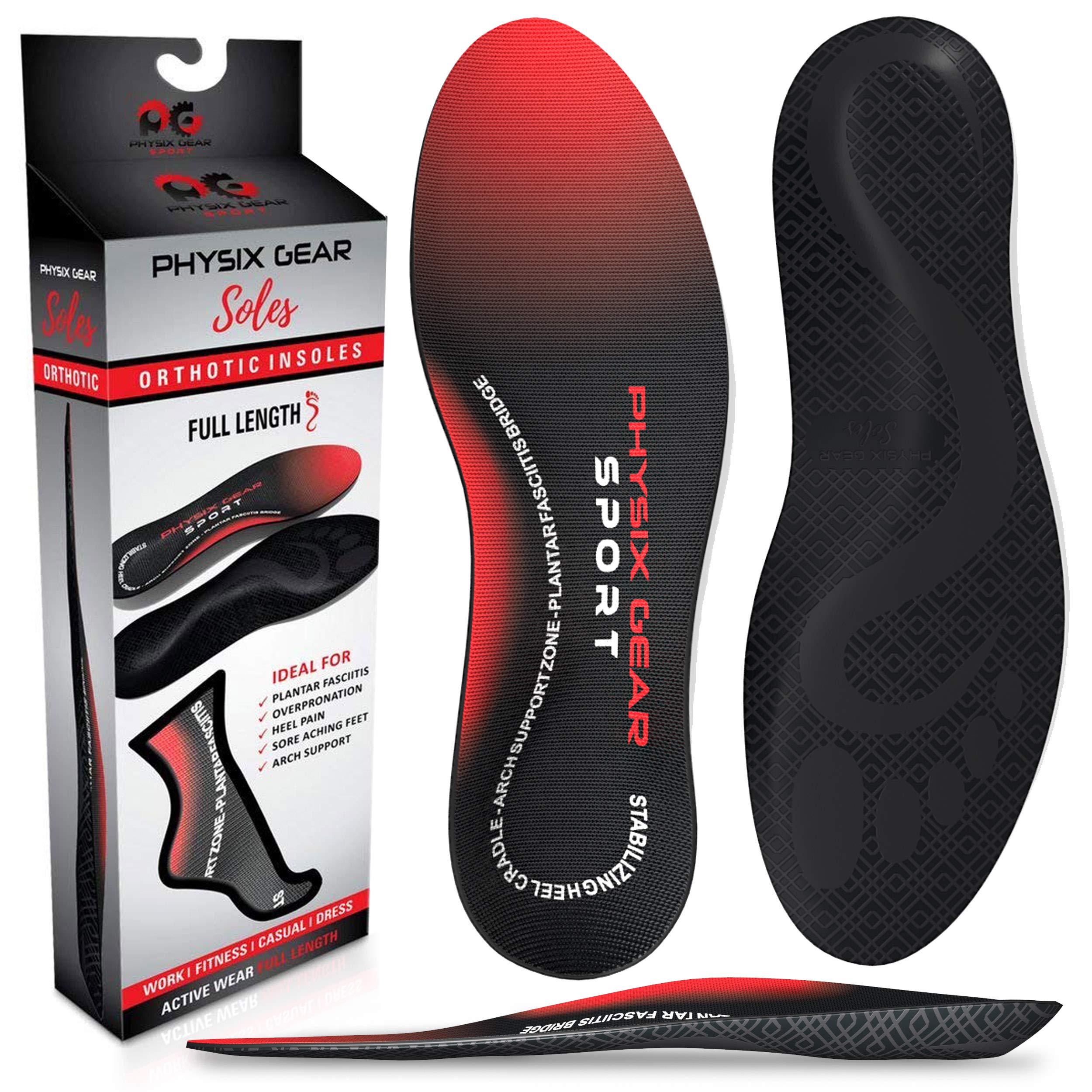 Physix Gear SportPhysix Gear Sport Full Length Orthotic Inserts with Arch Support - Best Shock Absorption & Cushioning Insoles for Plantar Fasciitis, Running, Flat Fee - M - Red/Black (1 Pack)