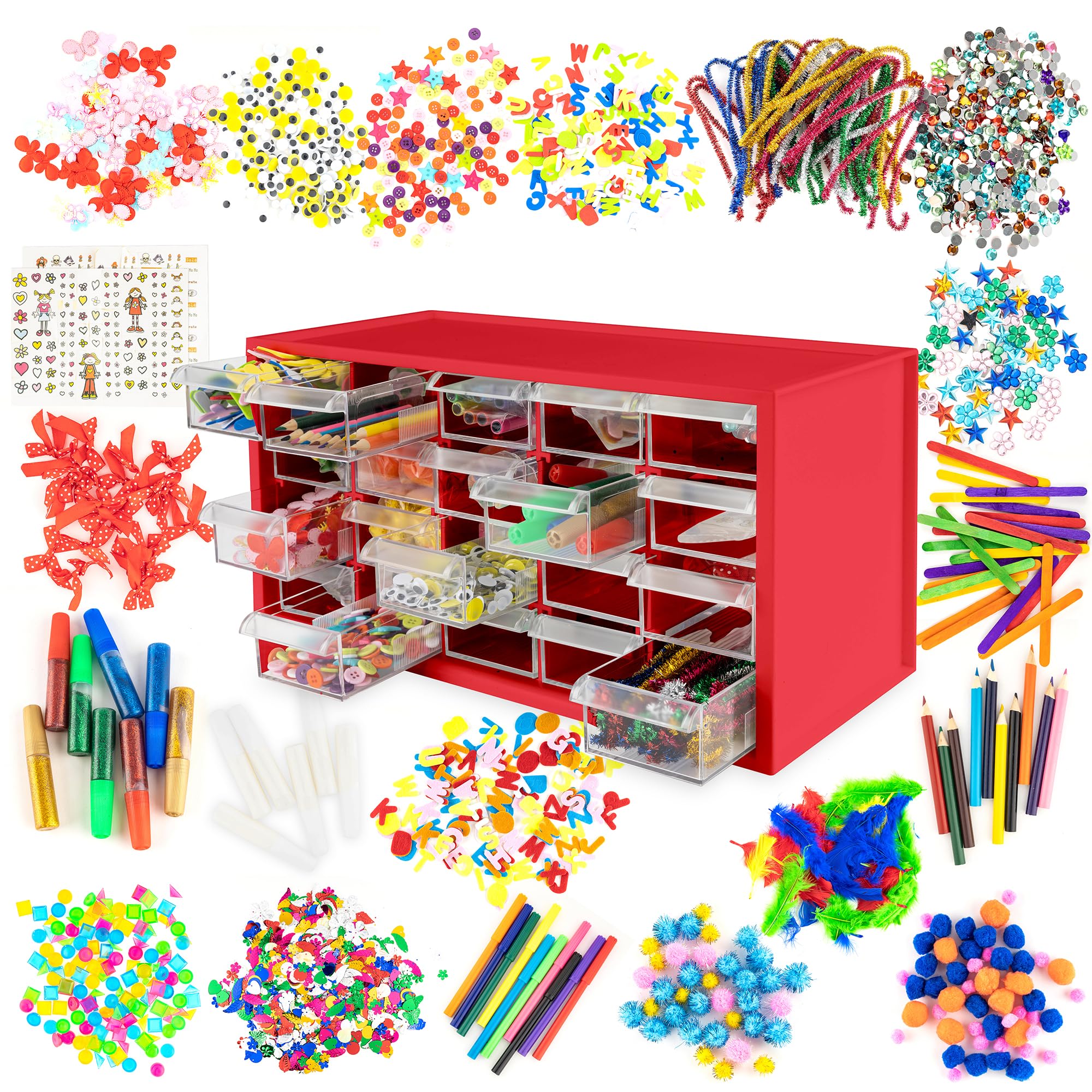 Kraftic Arts and Crafts Supplies Set for Kids Ages 4-8, Giftable Craft Organizer Box with 2000+ Pcs DIY Art Supplies for Toddlers, School Projects, and Homeschool - Red