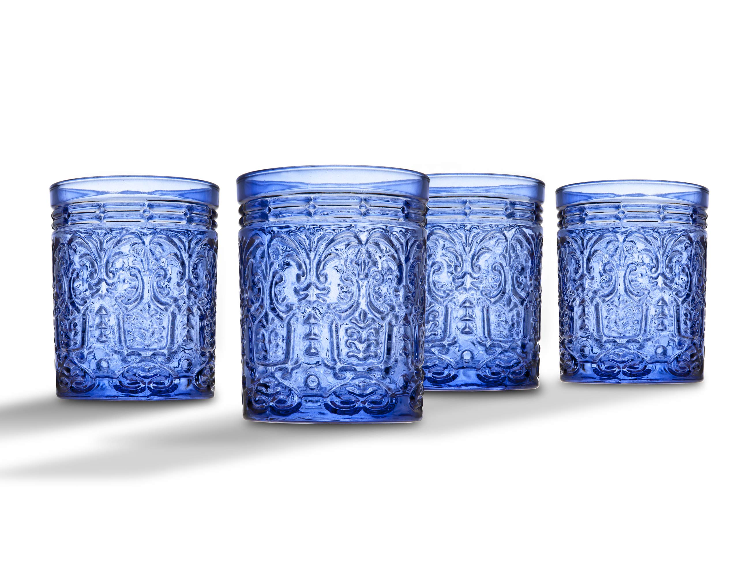 Godinger Old Fashioned Whiskey Glasses, Drinking Glasses, Vintage Decor, Glass Cups, Water Glasses, Cocktail Glasses - Jax Collection, 12oz, Blue, Set of 4