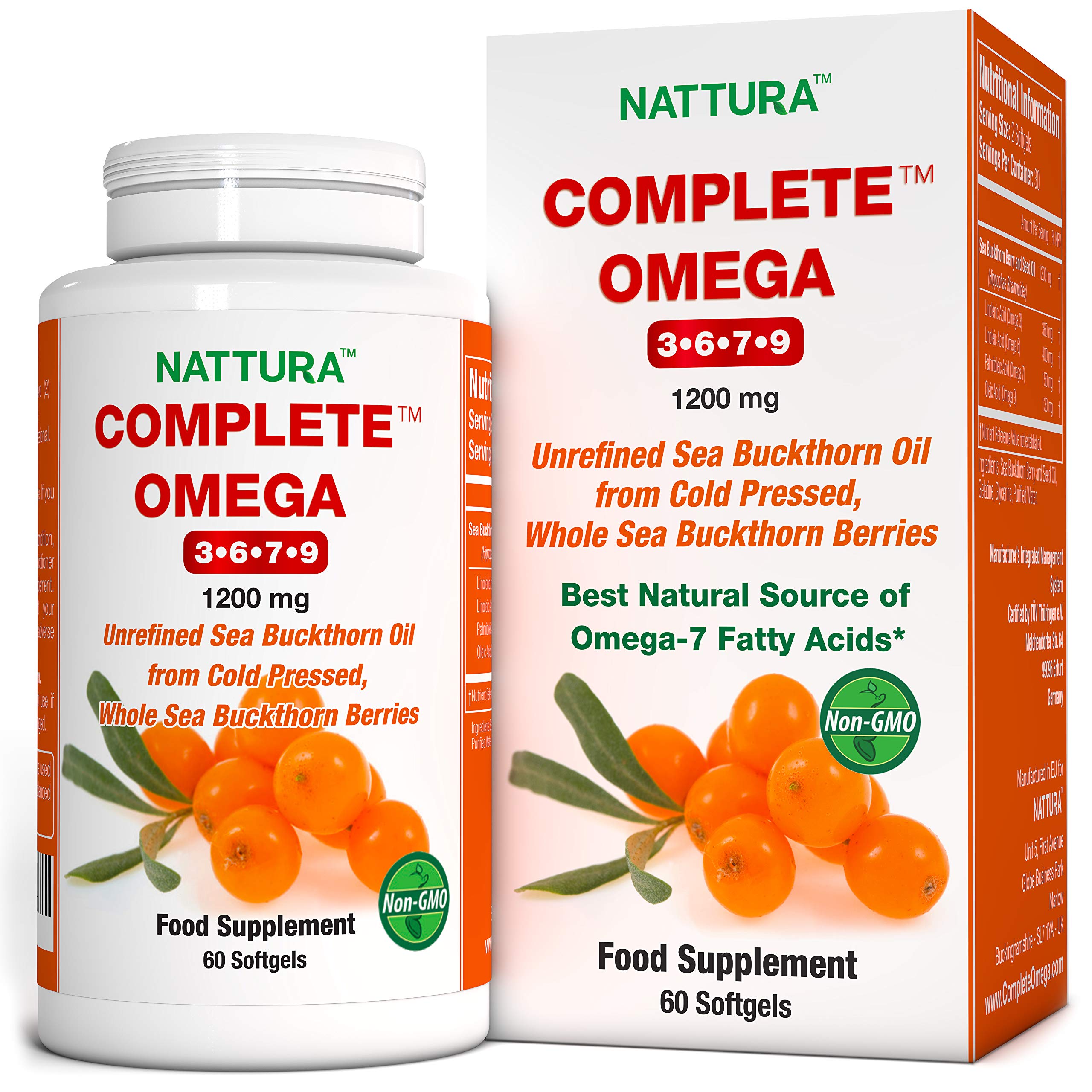 Nattura Complete Omega 3-6-7-9, Pure Sea Buckthorn Oil, European Quality, from Unrefined, Cold Pressed Whole Sea Buckthorn Wild Berries - 1,200mg - 2 Bottles