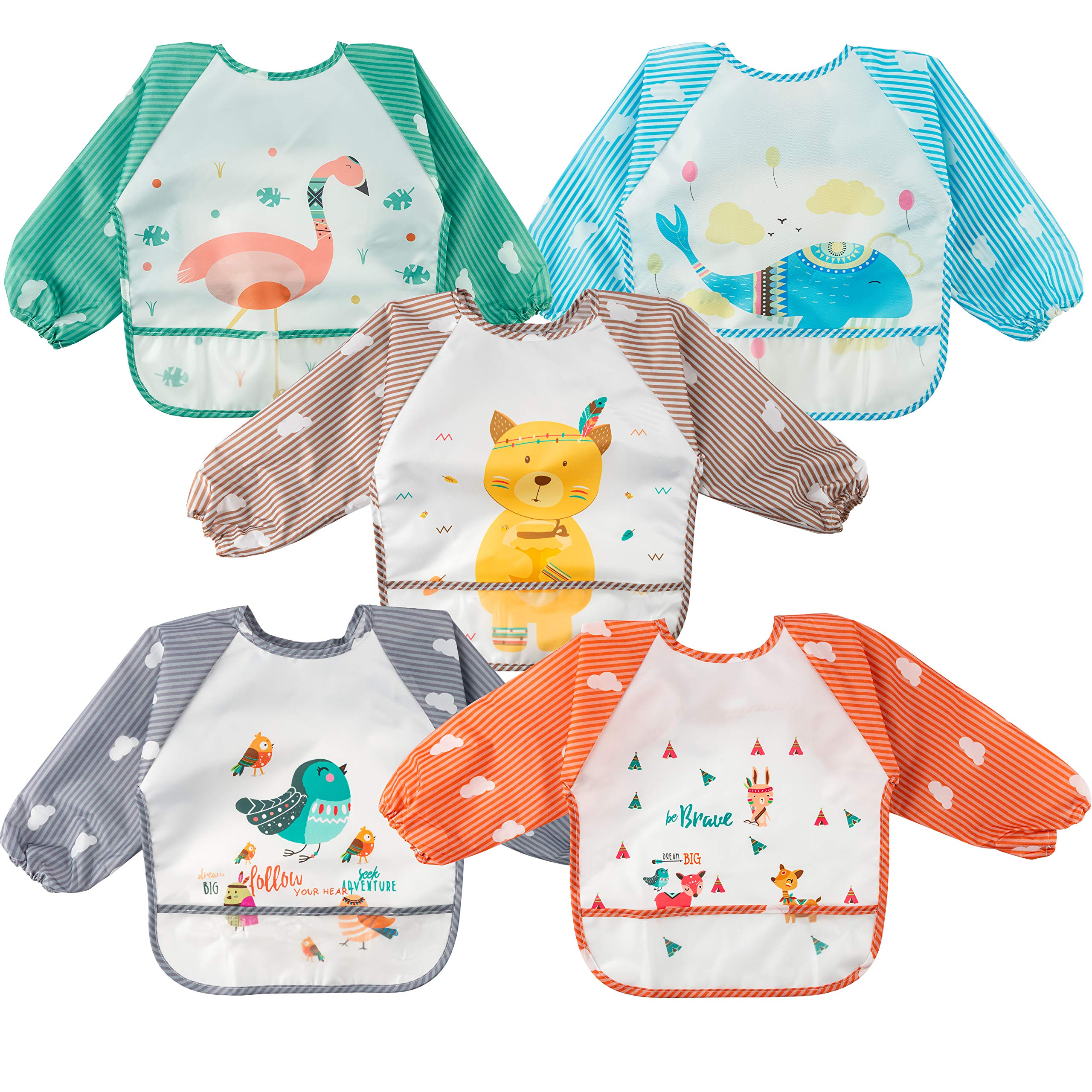 5PCS Long Sleeved Baby Feeding Bibs with Pockets Infant Toddler Kids Waterproof Long Sleeved Bibs, 9-48 Months