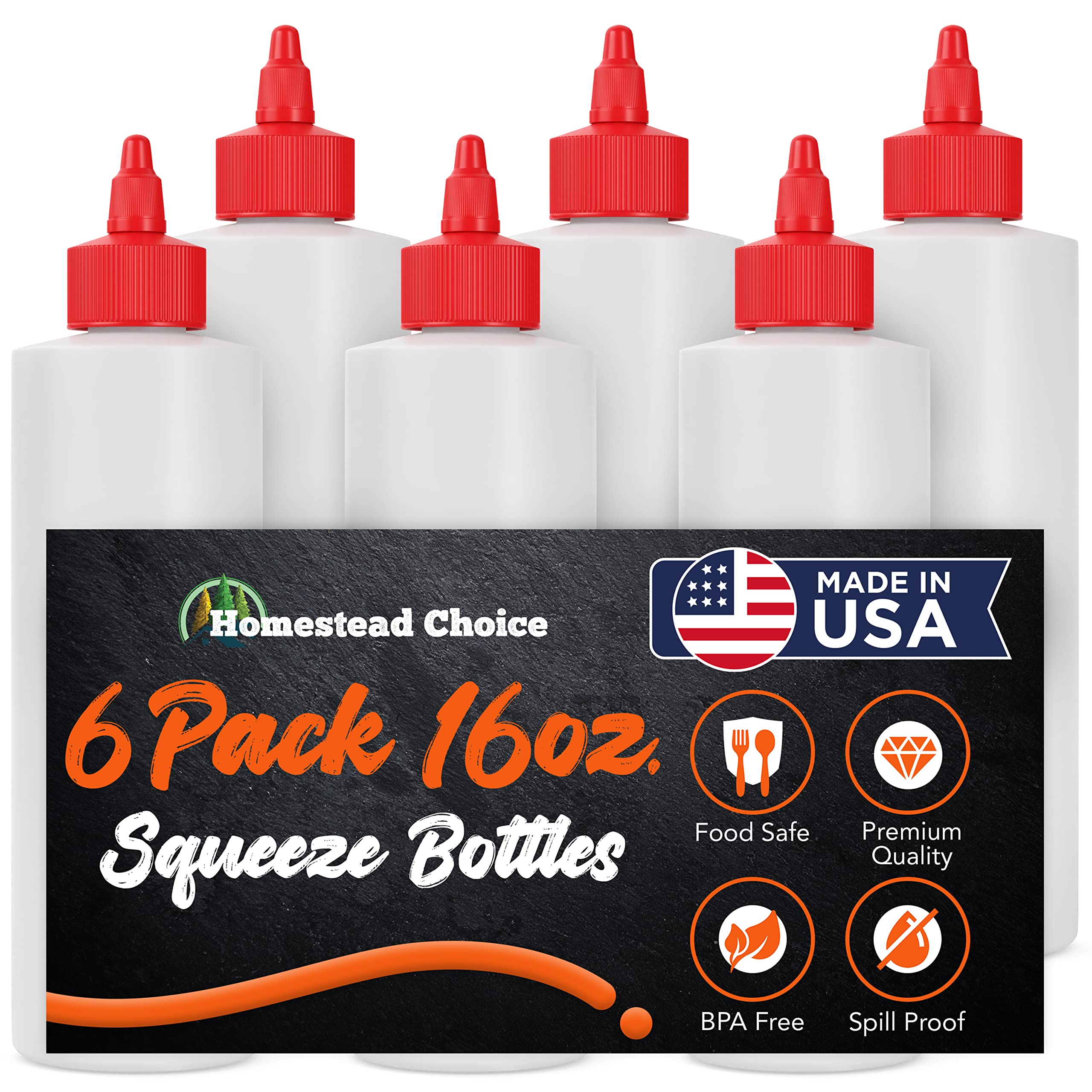 Made in USA Condiment Squeeze Bottles 16 OZ, 6 Pack Squirt Bottles for Sauces Liquids BPA Free Condiment Bottles with Twist Cap Ketchup, Syrup, Oil, Dressings, Honey, BBQ, Arts Crafts