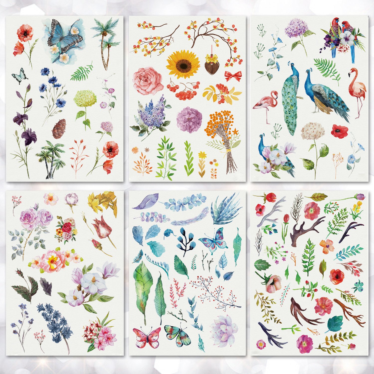 (Set 1: Leaves, Flowers, Peacock) - Leoars 6 Sheets Large Waterproof Temporary Tattoo Sticker Leaves Flowers Peacock Pattern Tattoo Water Transfer Body Art Fake Tattoo for Women Men Teens