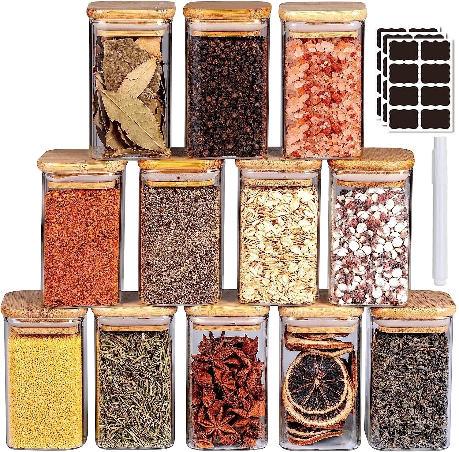 MahMir Glass Jars Set 300ML, 12 pcs Set Glass Spice Jars with Bamboo Airtight Lids and Labels, Food Cereal Storage Spice Containers for Home Kitchen Tea Herbs Coffee Flour Herbs Grains (Square)