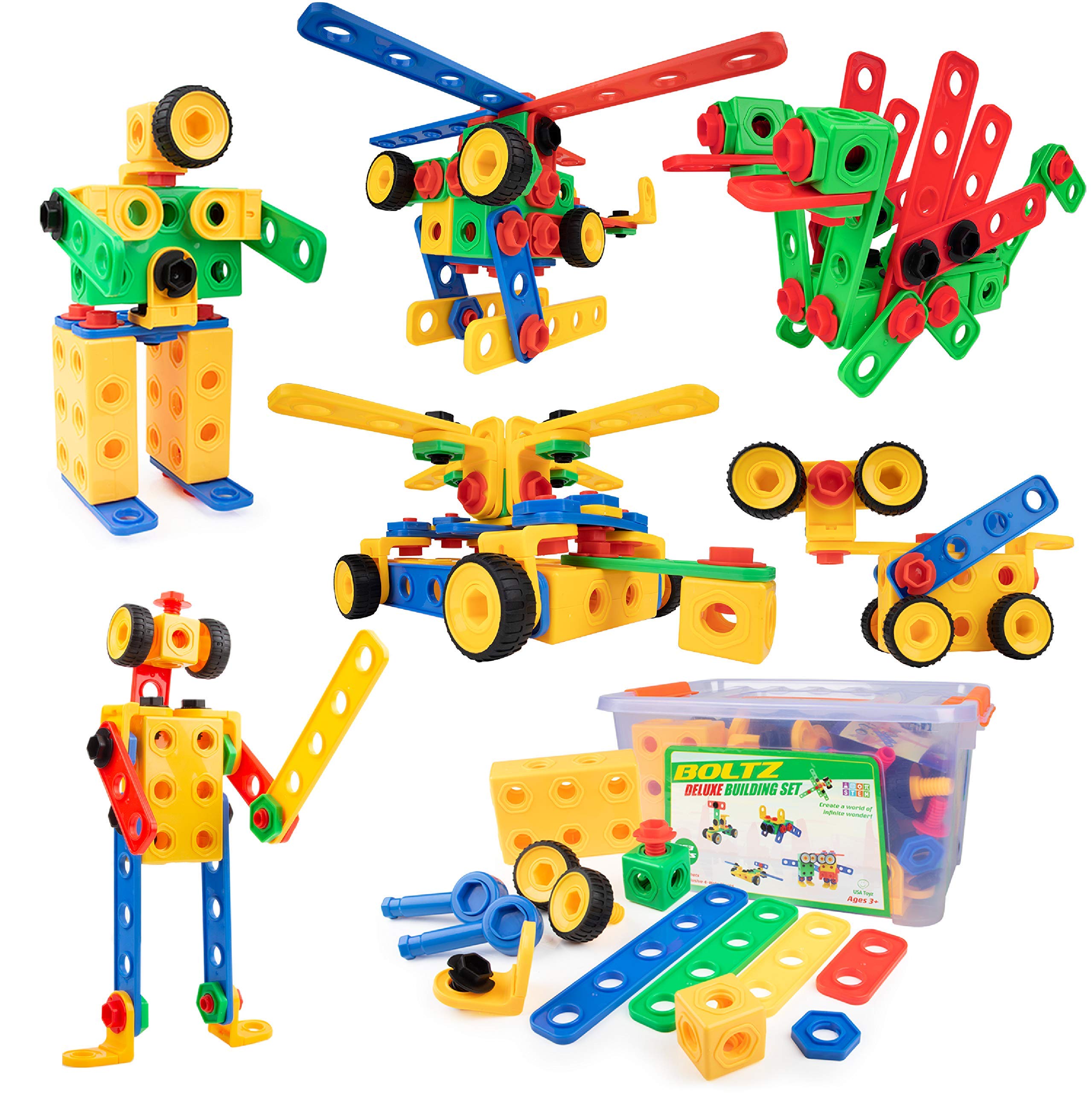 USA Toyz Boltz STEM Building Toys - 163 Pc Construction Set, Educational Toys for Kids with Engineering Blocks, Bolts, Wheels and Ratchet