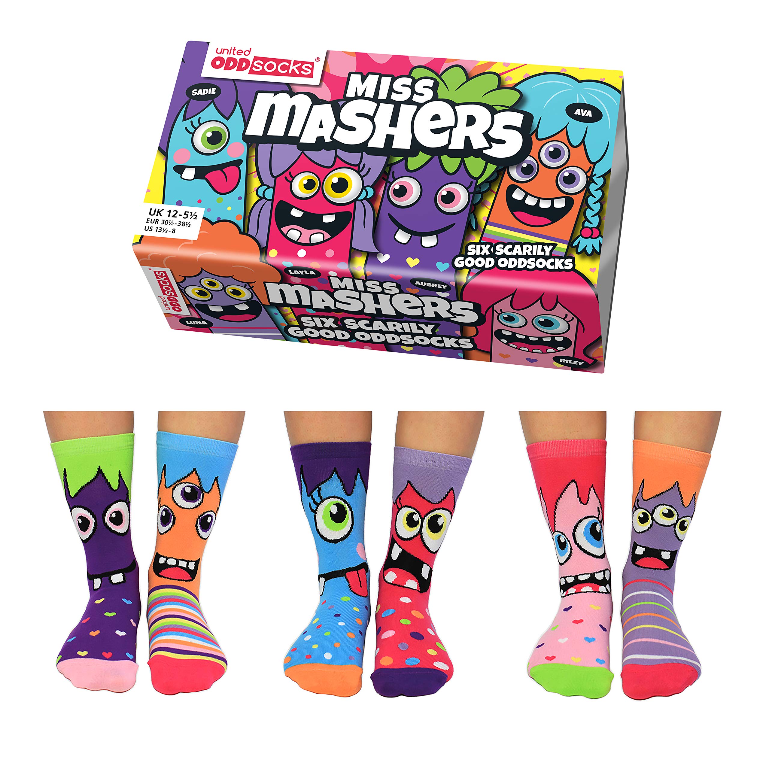 Miss Mashers - United Odd Socks - Box of 6 Mismatched Socks for Kids - Gift Pack - US 13½-8