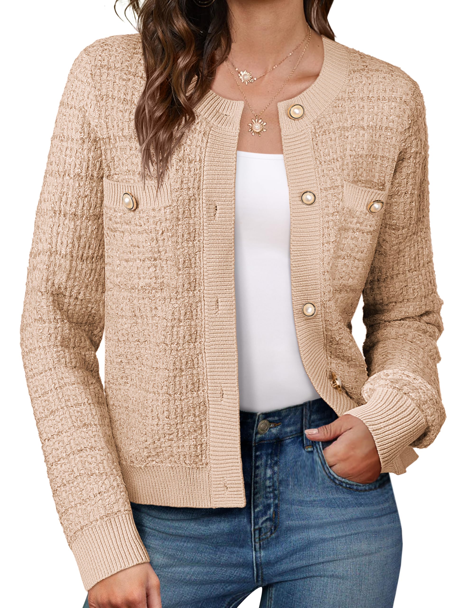 GRACE KARINWomens Open Front Button Down Long Sleeve Texture Knit Cardigan Sweaters with Pockets