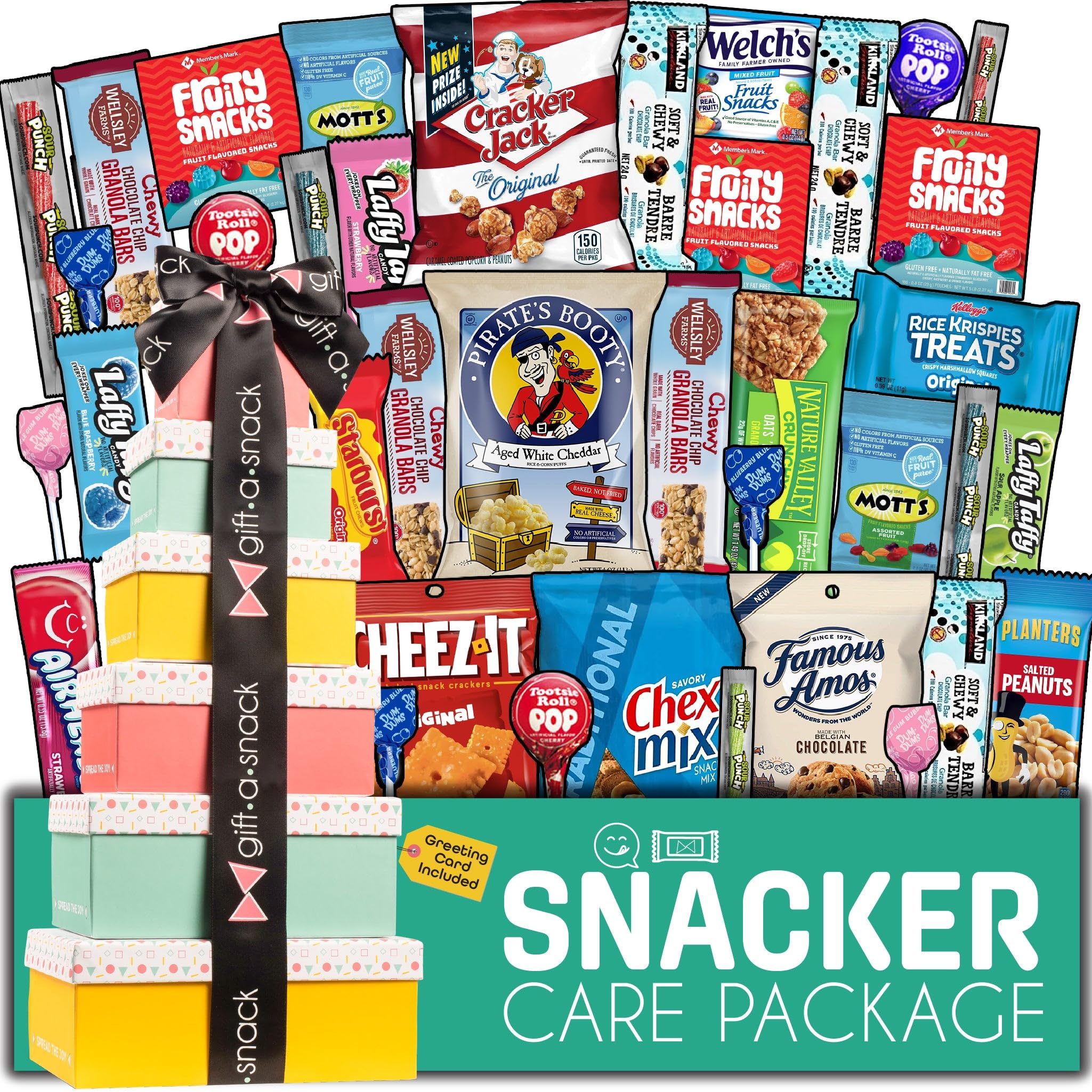 Gift A Snack - Tower Snack Box Variety Pack Care Package + Greeting Card (40 Count) Graduation Birthday Sweet Treats Gift Basket, Candies Chips Crackers - Food Assortments & Variety Gifts