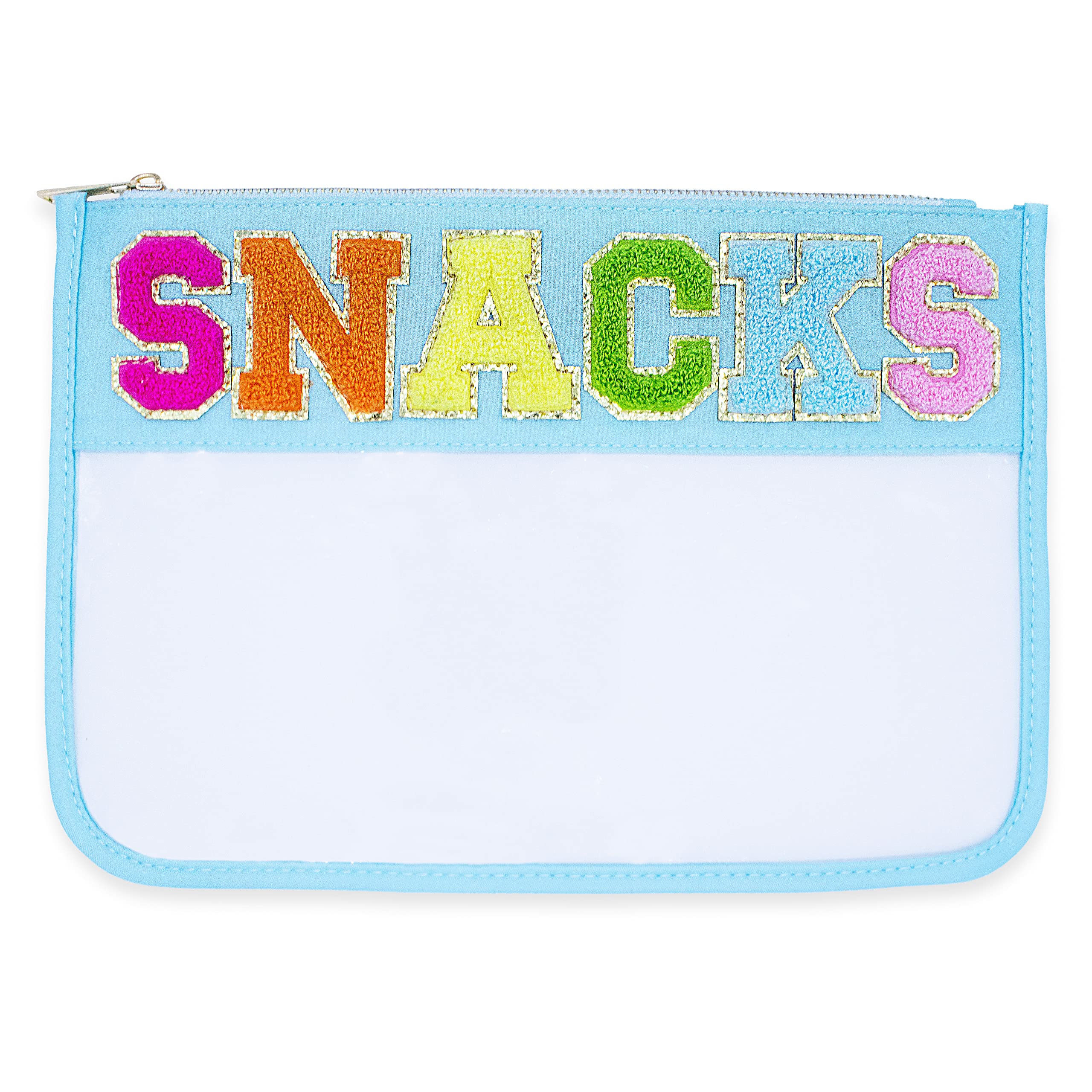 FablinksClear Snacks Bag, Chenille Varsity Letter Zipper Pouch, Travel Snack Bags for Mom, Aesthetic Storage Organizer Pouches for Women with Glitter Patch Letters (SNACKS-Aqua)