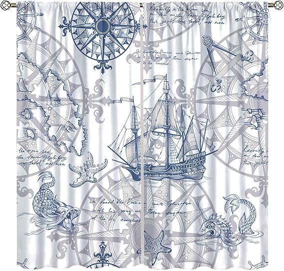 Amazon.com: AuiMzoo Vintage Nautical Curtains, Blue Ocean Ship Anchors ...