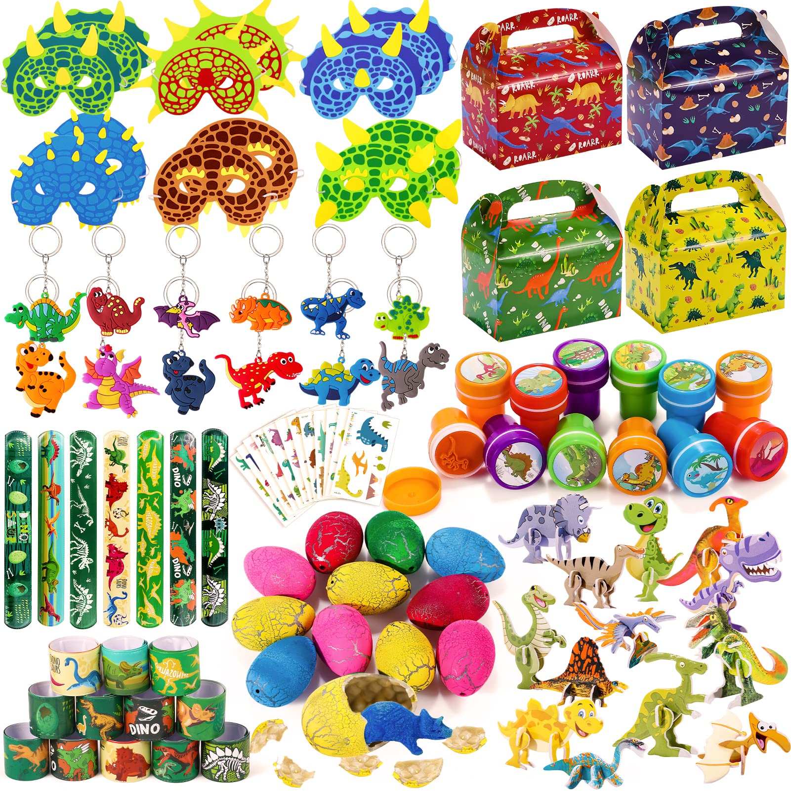 Golray 102Pcs Dinosaur Party Favors Bags Dinosaur Eggs Dino Model Puzzle Stampers Mask Slap Bracelet Keychain Tattoo Stickers for Kids Dinosaur Birthday Party Supplies Treat Gift Goodie Bag Fillers