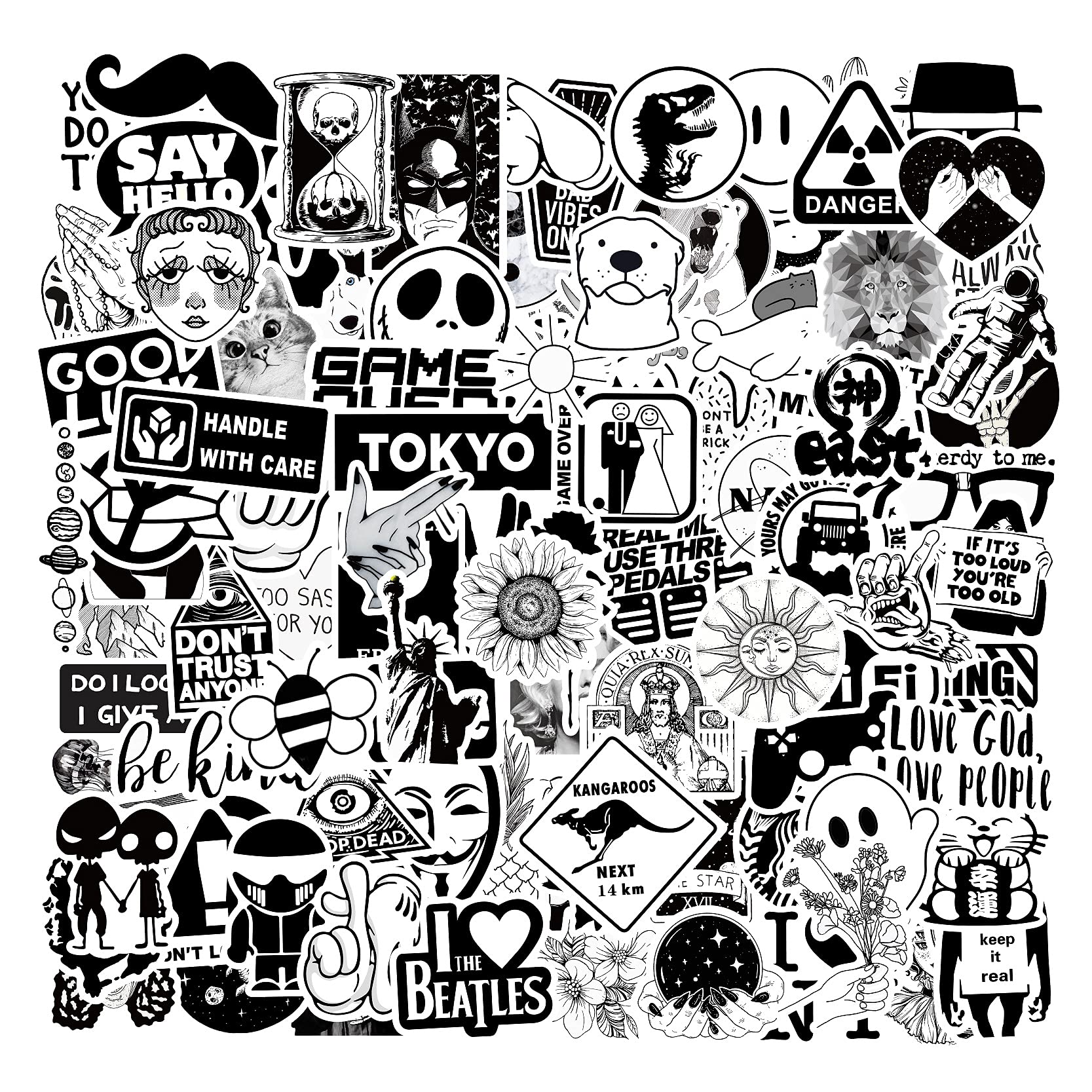 Cool Black White Stickers Sheets Waterproof Sticker Packs 100 Pcs for Laptop Waterbottles Skateboard Car Stickers